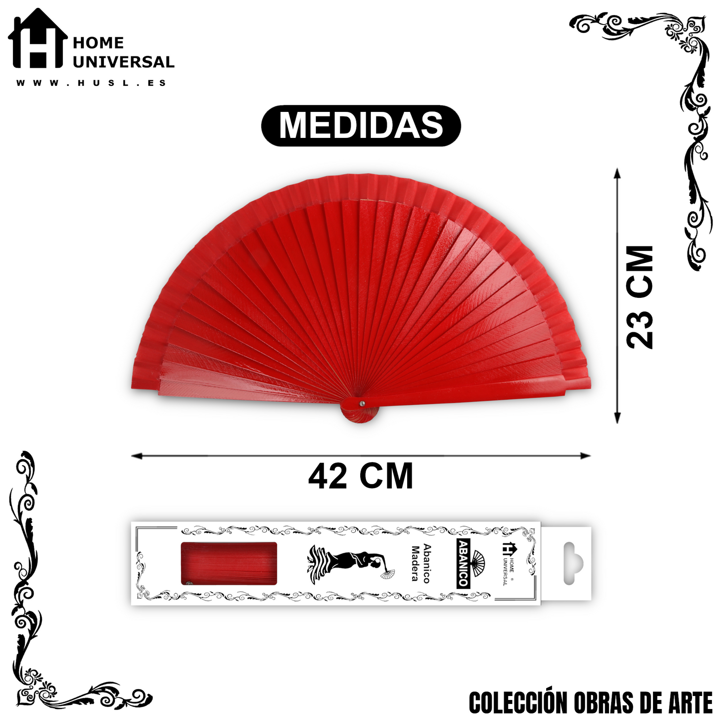 Home Universal®  Abanico 23CM DE Madera Lisa con Tela de Marfil, Abanico de Madera Adornado, Abanico Original - Rojo (Liso)