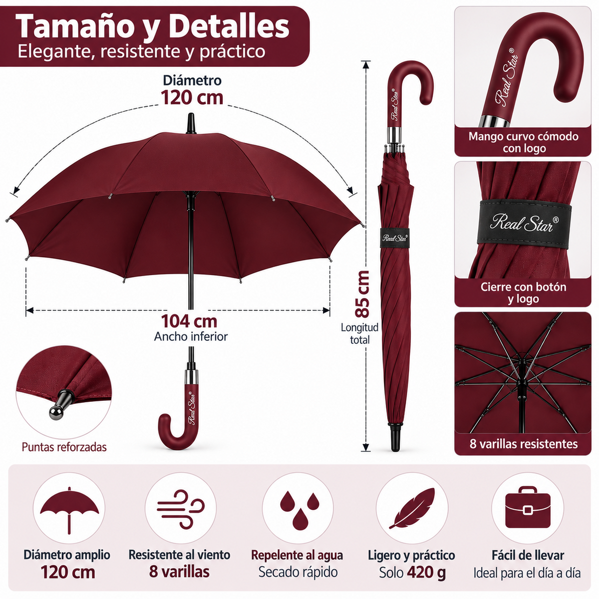 Home Universal® Paraguas Grande Semiautomático, Paraguas Largo Resistente al Viento con Mango Curvo para Mujer y Hombre (Rojo (Liso))