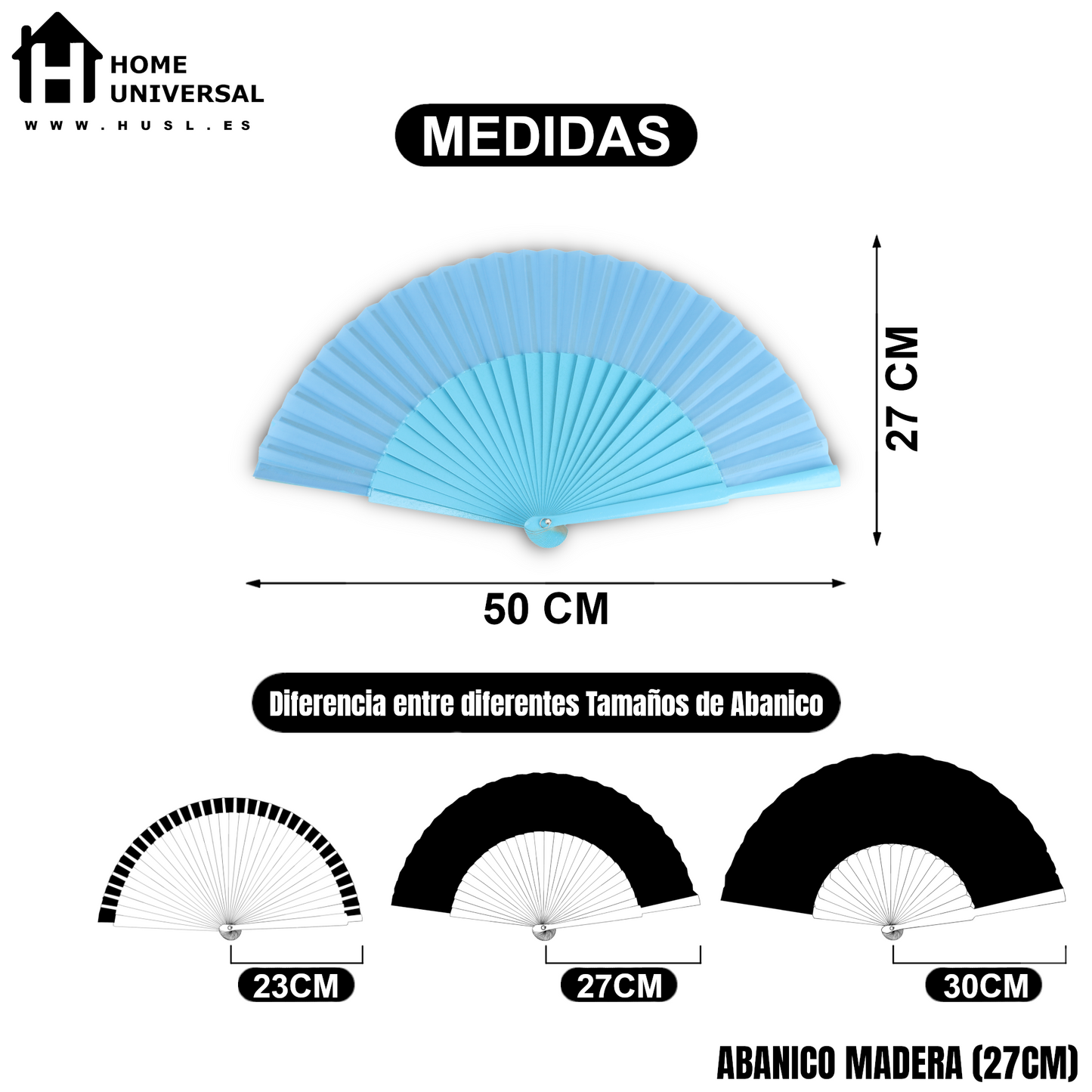 Home Universal® Abanico de madera con argollas para colgar, plegable, ligero y resistente, ideal para bodas, eventos y verano, diseño clásico y portátil perfecto para regalo y uso diario - Azul Celeste (27CM)