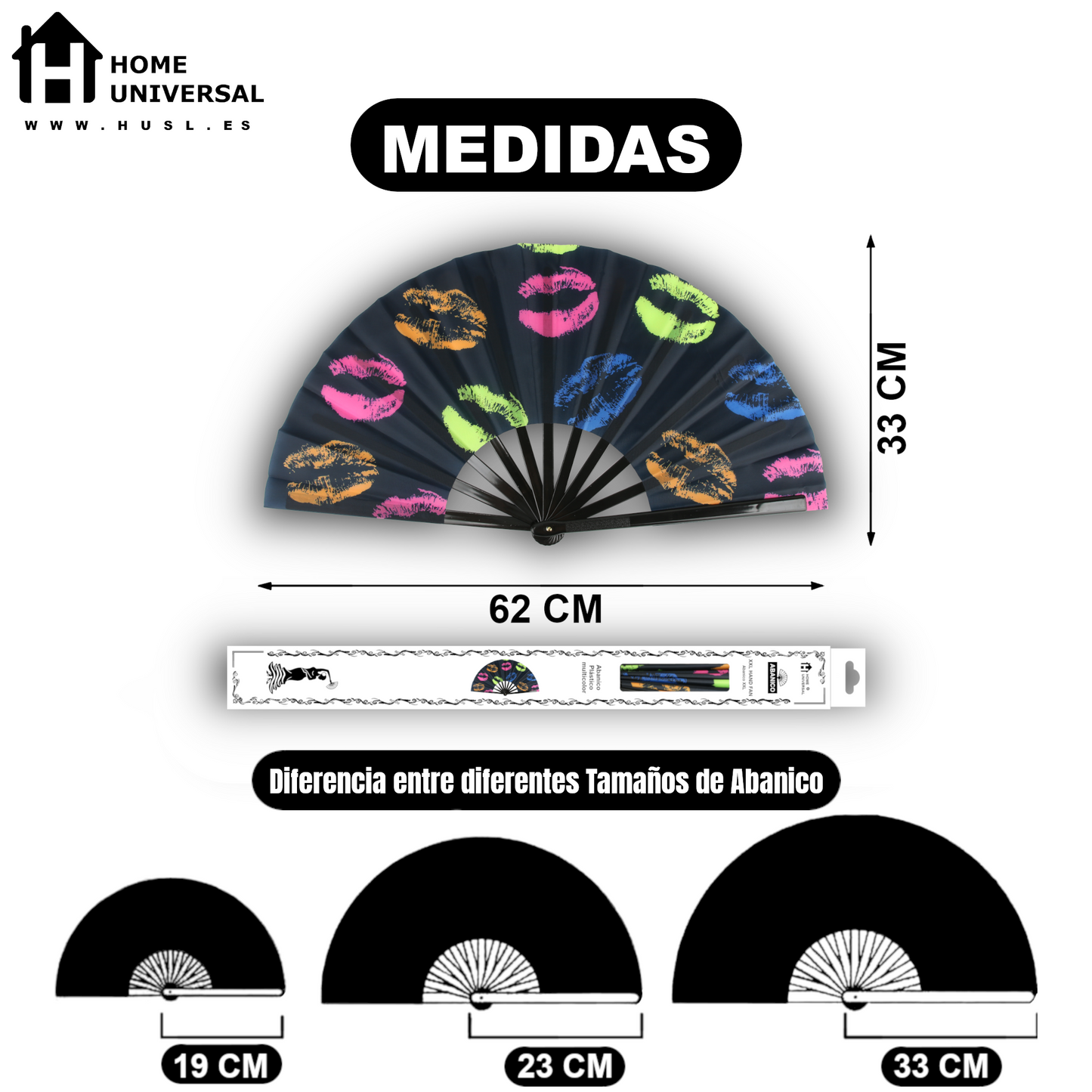 Home Universal® Abanico XXL 33 cm Grande de Plástico con Caja – Plegable, Ligero y Resistente – Efecto Fluorescente Brillante – Ideal para Verano, Fiesta, Discoteca, Pride y Eventos (Besos - Multicolor)