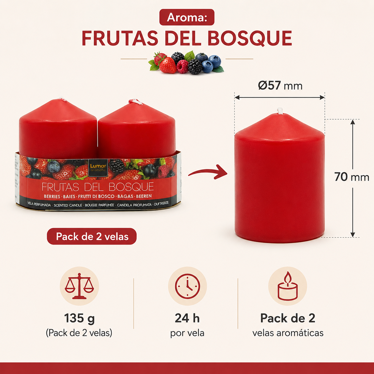 Home Universal® 6 Velas Aromáticas Perfumadas, 9 Aromas Disponibles, 2 Tamaños Disponibles, Velas Decorativas para Hogar, Relax, Spa y Aromaterapia (FRUTAS BOSQUE Ø57 × 70 mm)