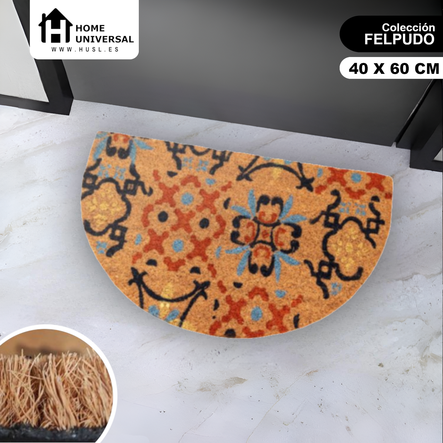 Home Universal ® Felpudos 60x40CM Fibra de Coco | Base Antideslizante de Caucho | Apto para el Exterior (Relieve · Medio Círculo)