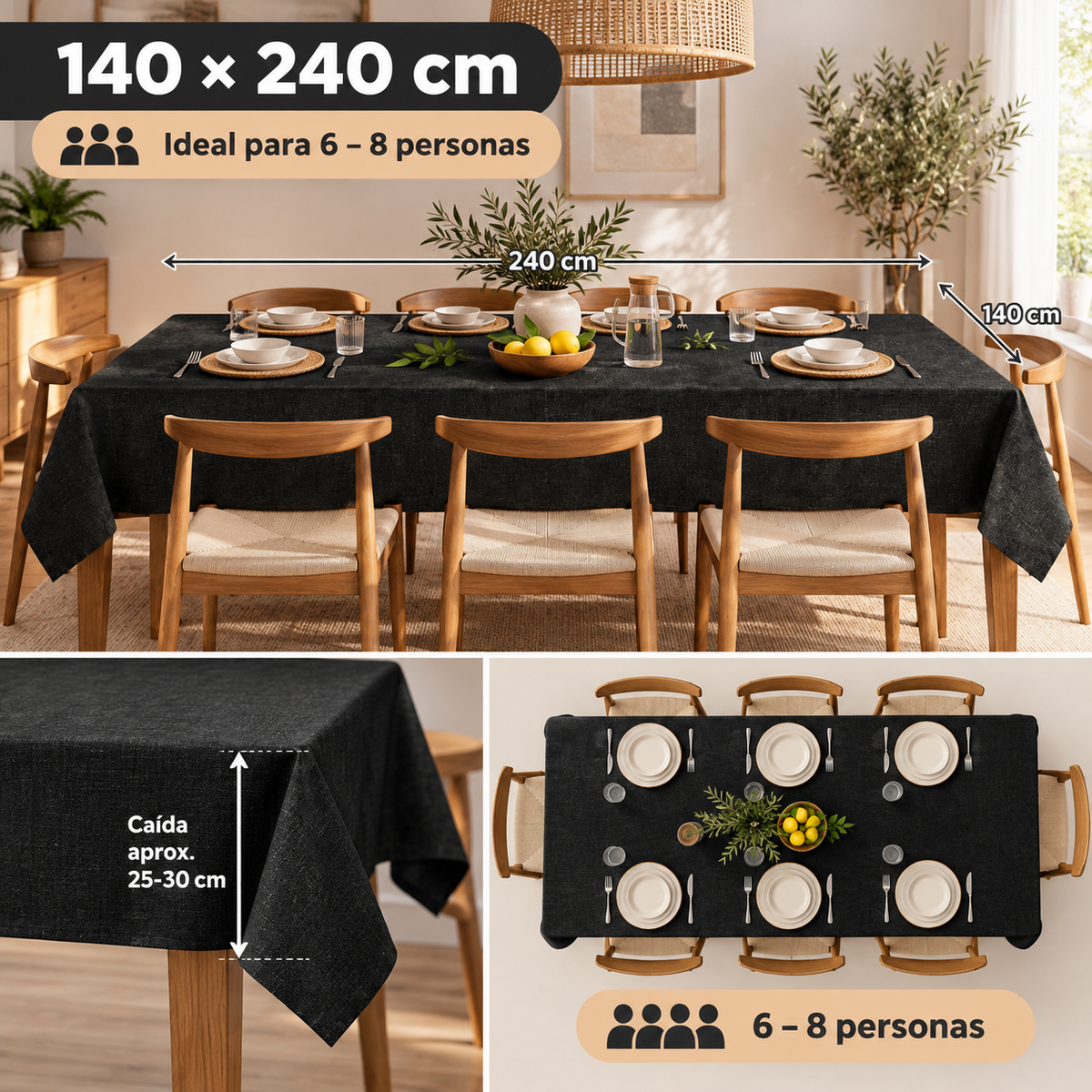 Home Universal® Mantel de Mesa Impermeable y Antimanchas, Tejido de Loneta con Efecto Lino , Liso o Estampado, para Cocina y Comedor (Negro Liso)