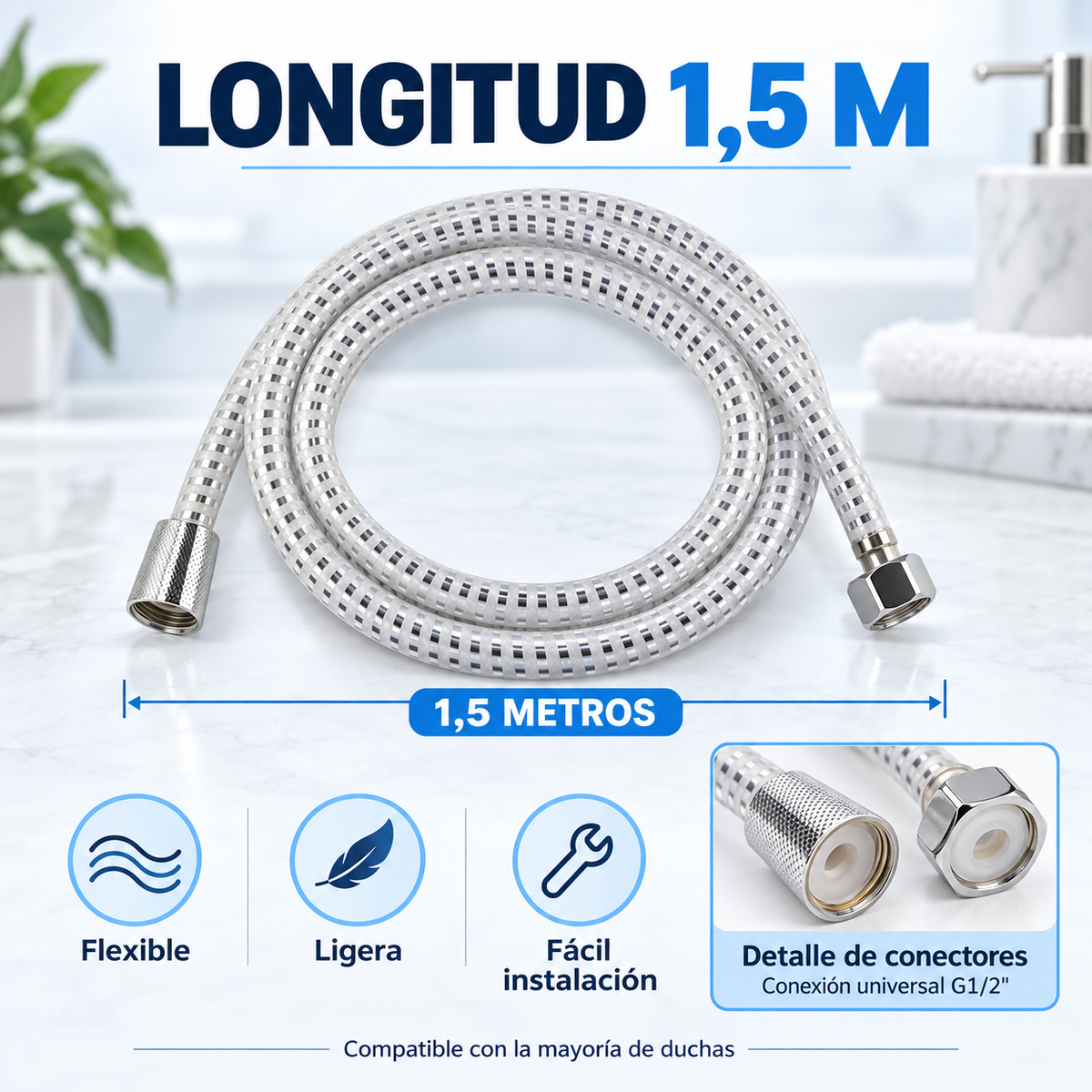 Home Universal® Manguera de Ducha Universal G1/2 – Flexible, Antienredos y Fácil de Instalar, Compatible con la Mayoría de Duchas (Blanco Plata (1.5m))
