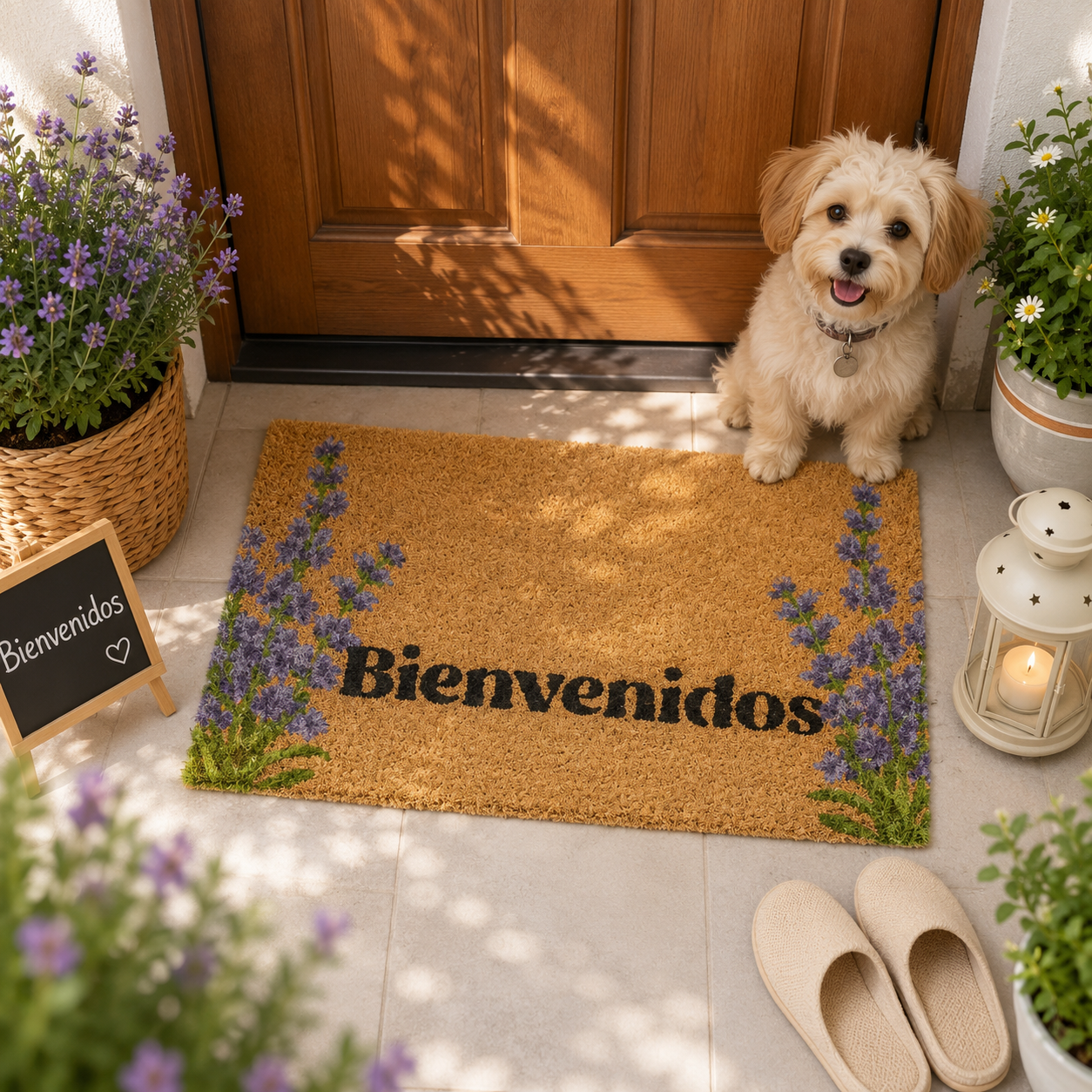 Home Universal ® Felpudos 60x40CM Fibra de Coco | Base Antideslizante de Caucho | Apto para el Exterior (Lavanda Bienvenidos)
