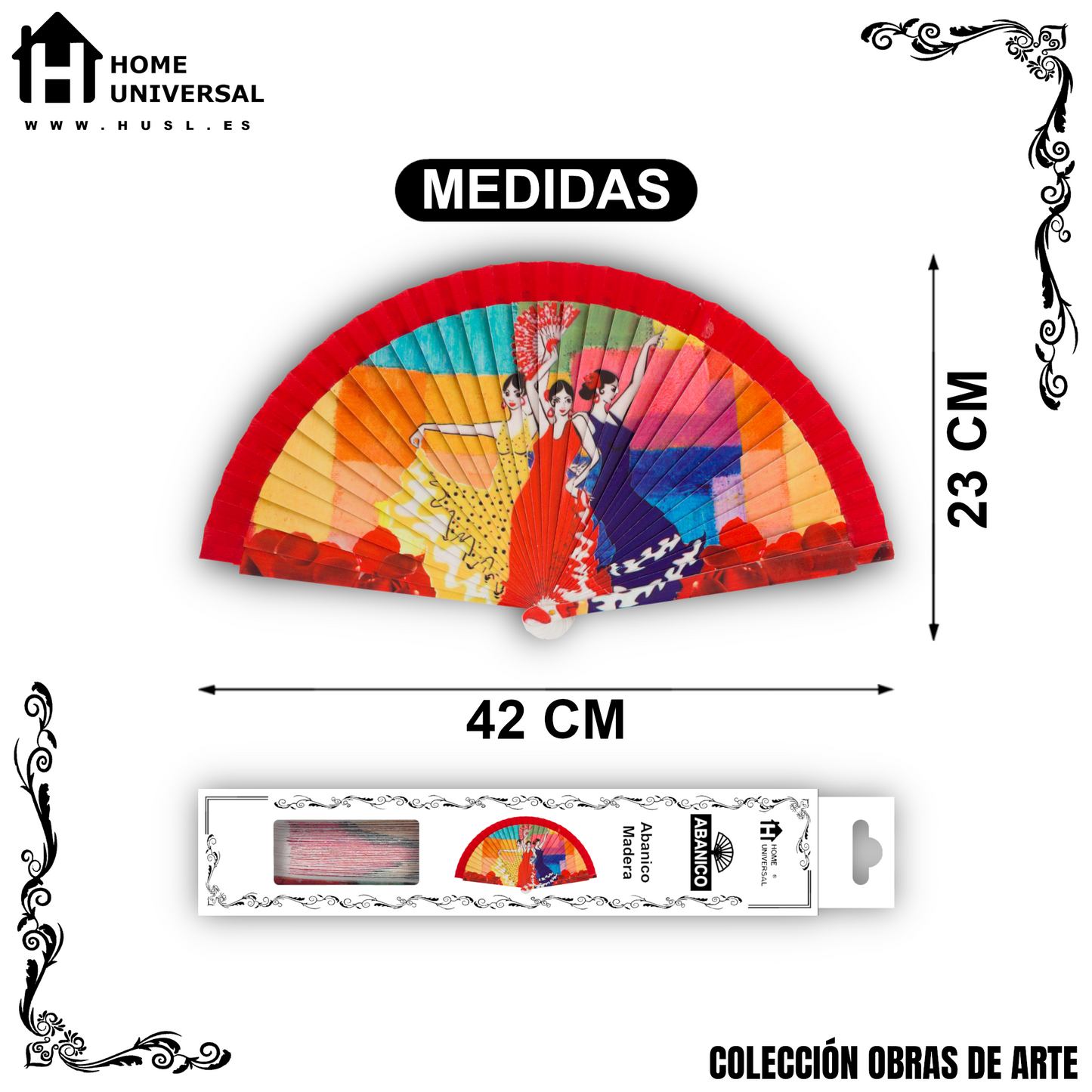 Home Universal®  Abanico 23CM DE Madera Lisa con Tela de Marfil, Abanico de Madera Adornado, Abanico Original - Tres Mujeres Flamenco (Dibujo Artístico)