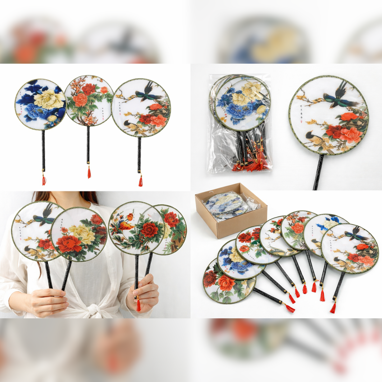 Home Universal® Abanico Redondo Chino - Imprimido de una Sola Cara – Abanico Clásico de Seda Translúcido y Sedoso con Patrón Floral y Mango de Madera – Estilo Oriental Antiguo Decorativo para Hogar o Regalo (Peonías Coral en Flor)