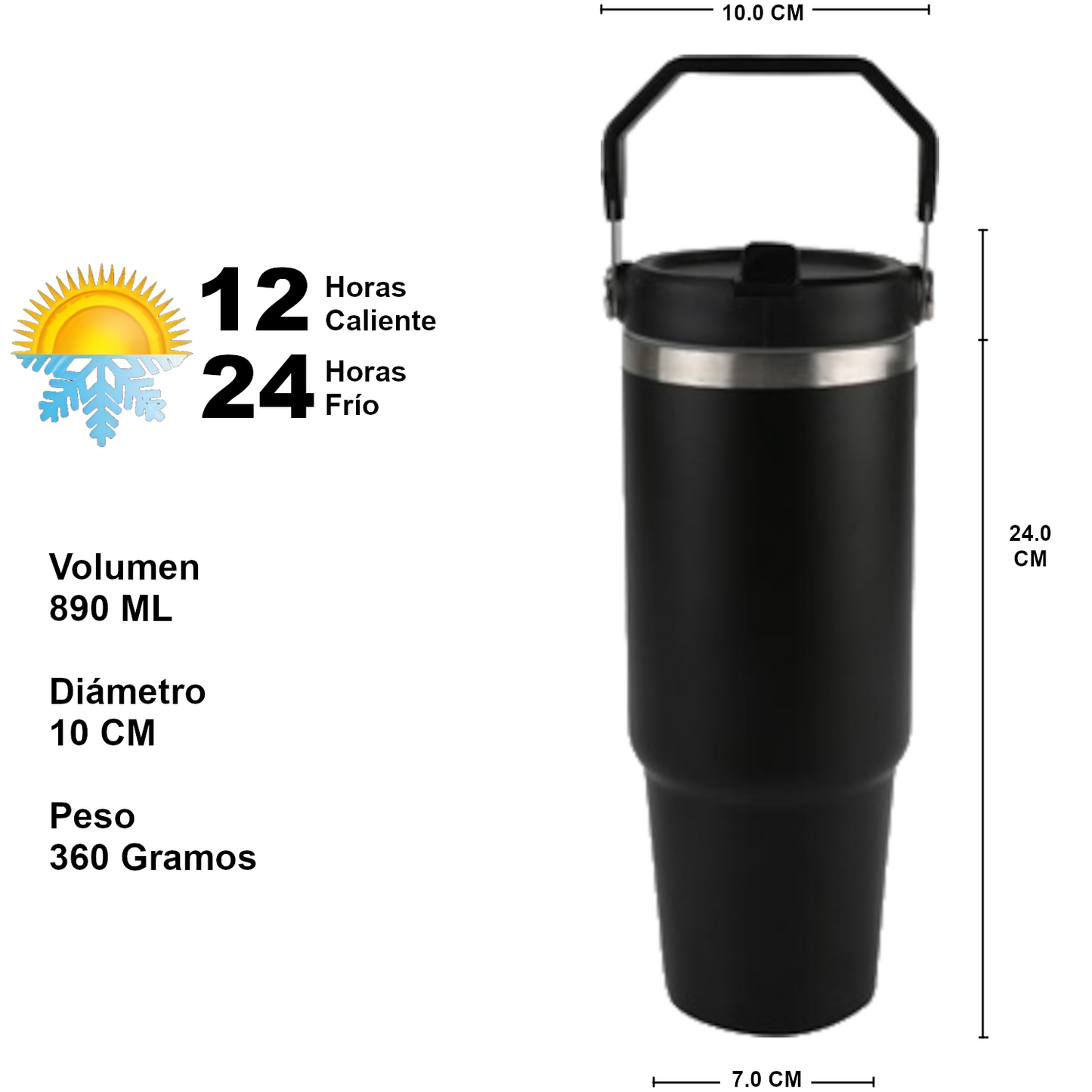 Home Universal ® Vaso térmico 890 ml | Botella de Agua Térmica 0,89L con Pajita | Acero Inoxidable sin BPA | Mantiene Frío 24h y Calor 12h | Termo Reutilizable Fácil de Llevar y Apto Lavavajillas (Negro)
