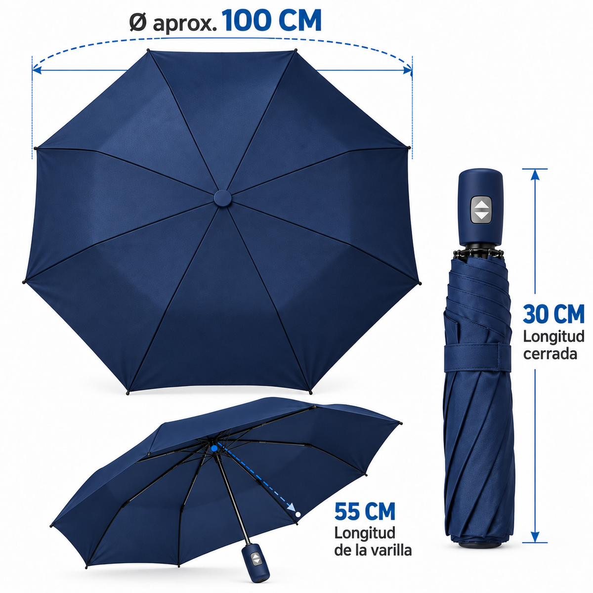 Home Universal® Paraguas Automático Plegable Grande, Compacto y Resistente, para Lluvia y Sol (Automático Apertura y Cierre (Azul))