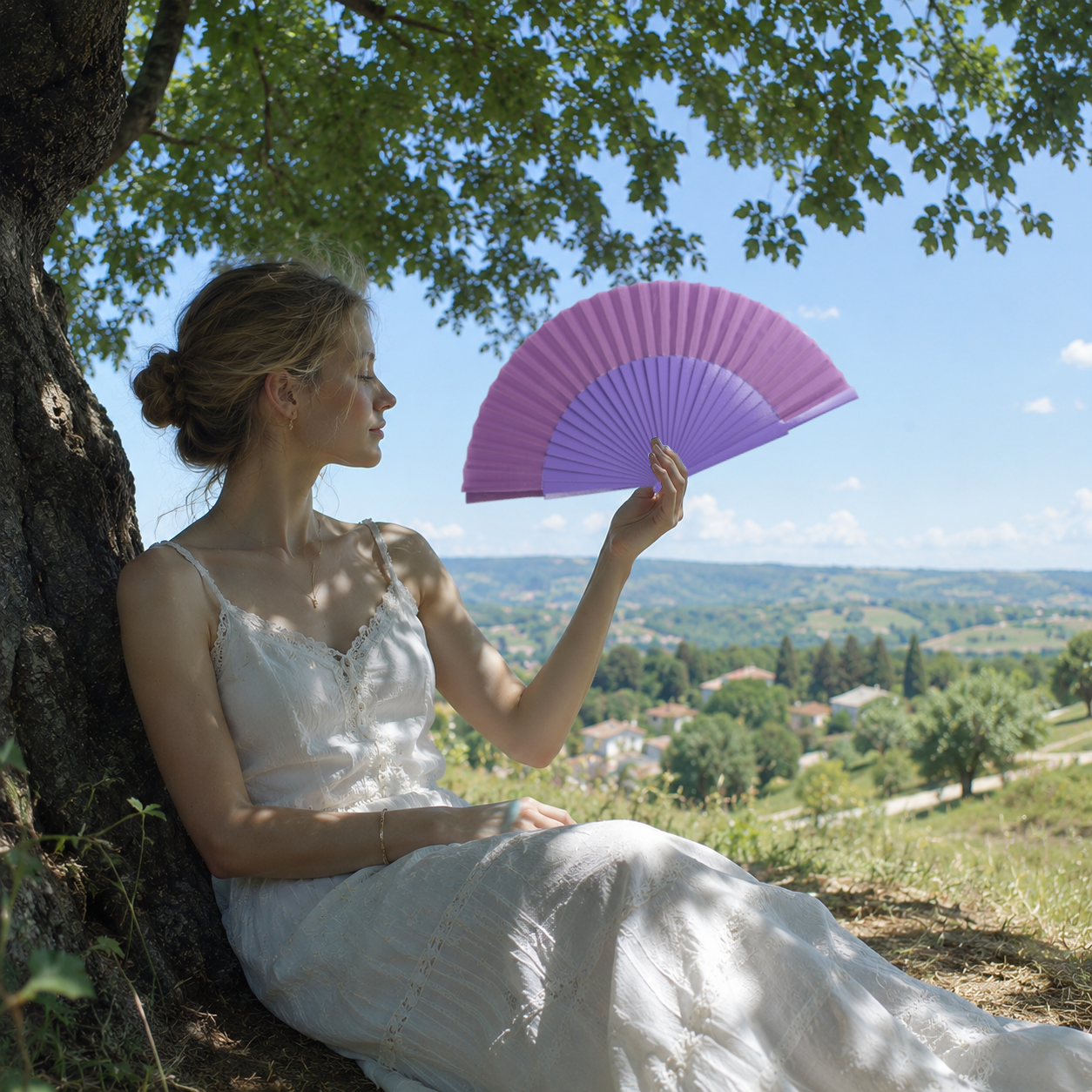 Home Universal® 1 o 2 Abanicos Grandes de Madera y Tela 27 cm, Lisos, Disponibles en 6 Colores, Ideales para Verano, Bodas y Eventos (Morado)