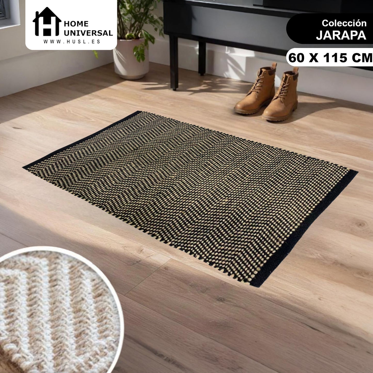 Home Universal® Alfombra Jarapa de Algodón Lavable | Diseño Geométrico Artesanal | Decoración Boho Mediterránea para Salón, Dormitorio, Pasillo y Cocina | Suave, Ligera y Resistente | Zigzag Ébano