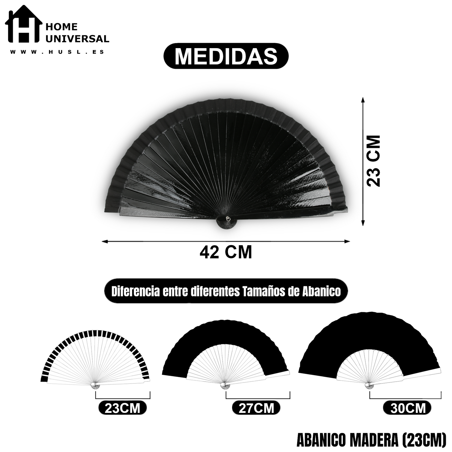 Home Universal® Abanico de madera con argollas para colgar, plegable, ligero y resistente, ideal para bodas, eventos y verano, diseño clásico y portátil perfecto para regalo y uso diario - Negro (23CM)