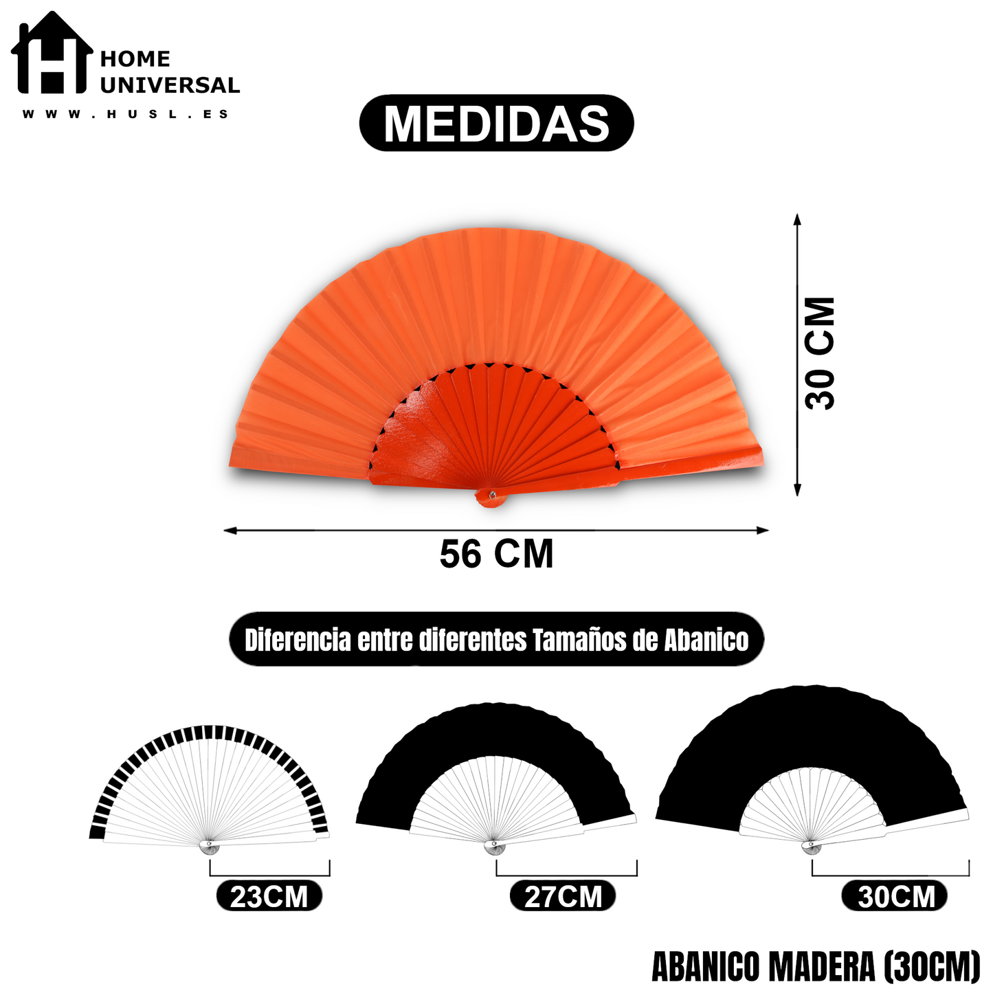 Home Universal® Abanico de madera con argollas para colgar, plegable, ligero y resistente, ideal para bodas, eventos y verano, diseño clásico y portátil perfecto para regalo y uso diario - Naranja (30CM)