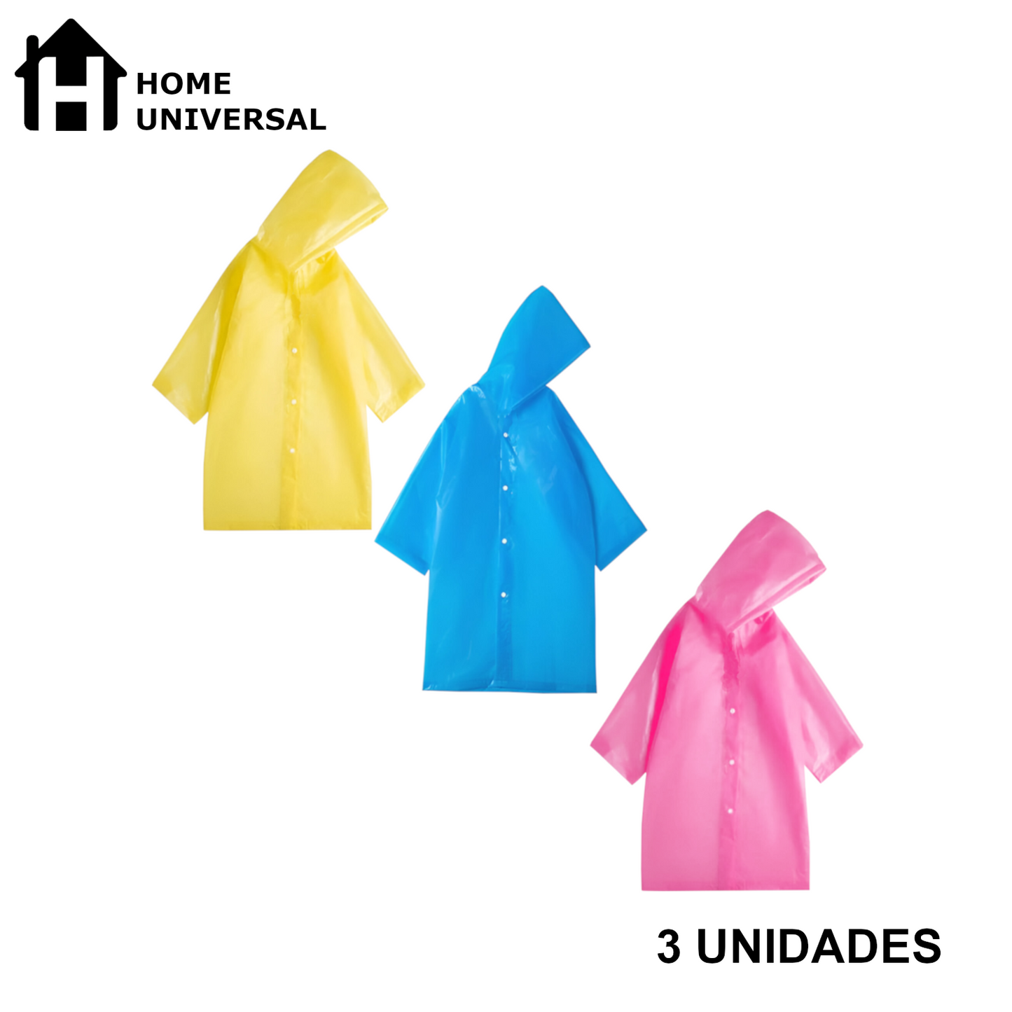 Home Universal® Chubasquero Impermeable Unisex - Material Ligero, con Capucha Ajustable, Plegable, Reutilizable (3 Unidades, Azul, Rosa y Amarillo - Niño (115X55CM))