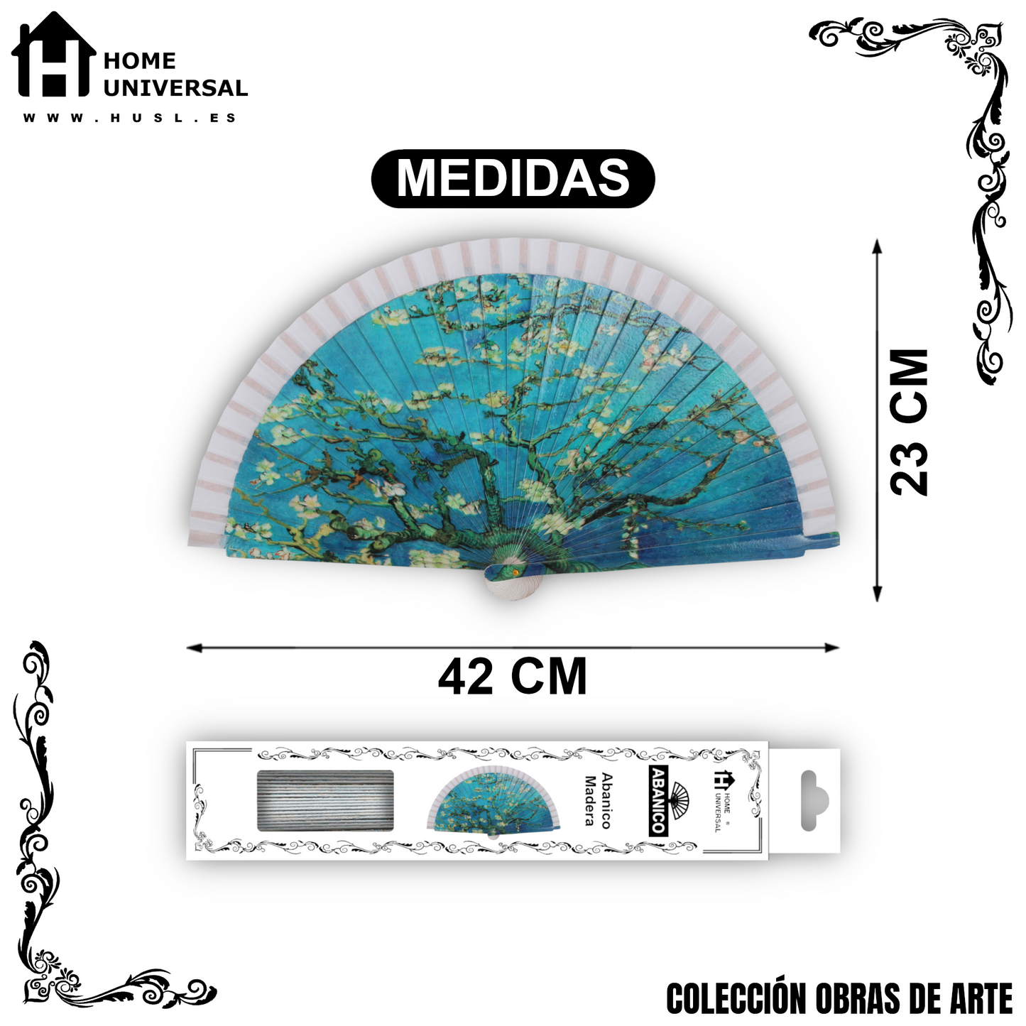 Home Universal®  Abanico 23CM DE Madera Lisa con Tela de Marfil, Abanico de Madera Adornado, Abanico Original - Almendro en flor de Vincent Van Gogh