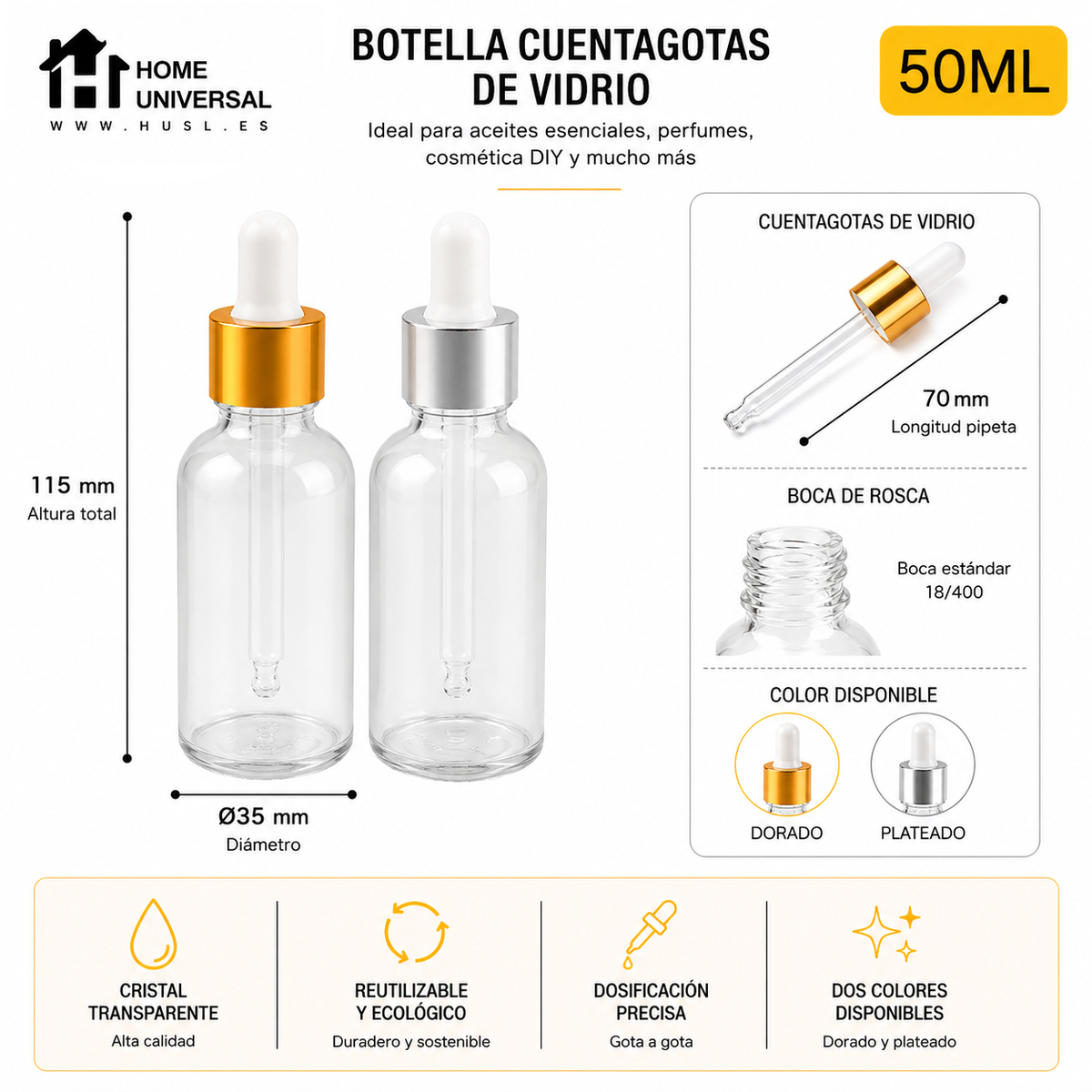 Home Universal® Frascos de Vidrio con Cuentagotas, Pipeta Redonda y Pipeta Larga, Botellas Vacías para Aceites Esenciales, Sérum, Cosmética, Perfumería, DIY (Pipeta Larga, 50ml, 24 Unidades)
