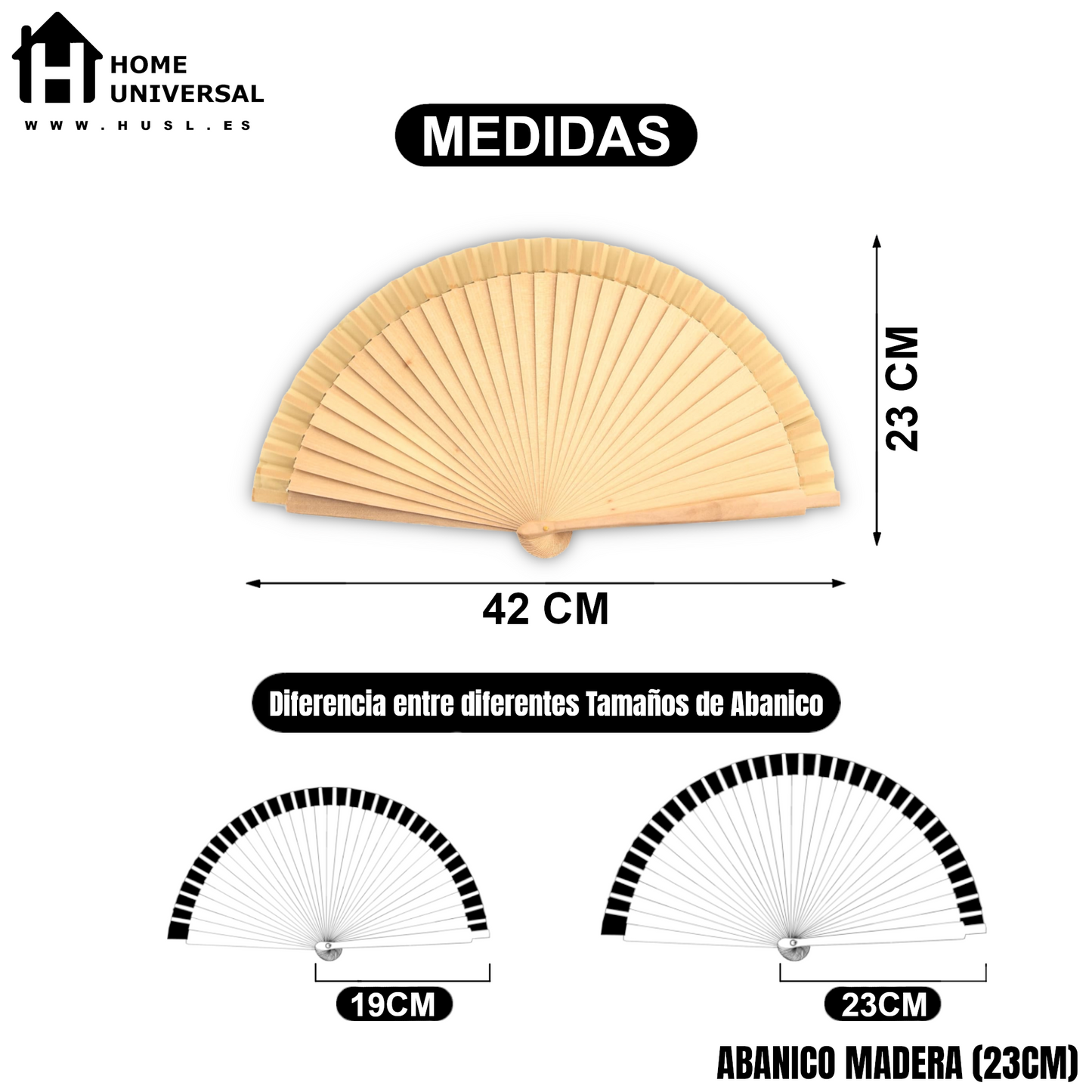 Home Universal® Pack de 1/2 Abanicos de Madera Lacados, Disponibles en Varios Colores y Tamaños, Abanico Flamenco Español para Bodas, Ferias, Fiestas, Comuniones y Eventos (23 cm, Color Madera)