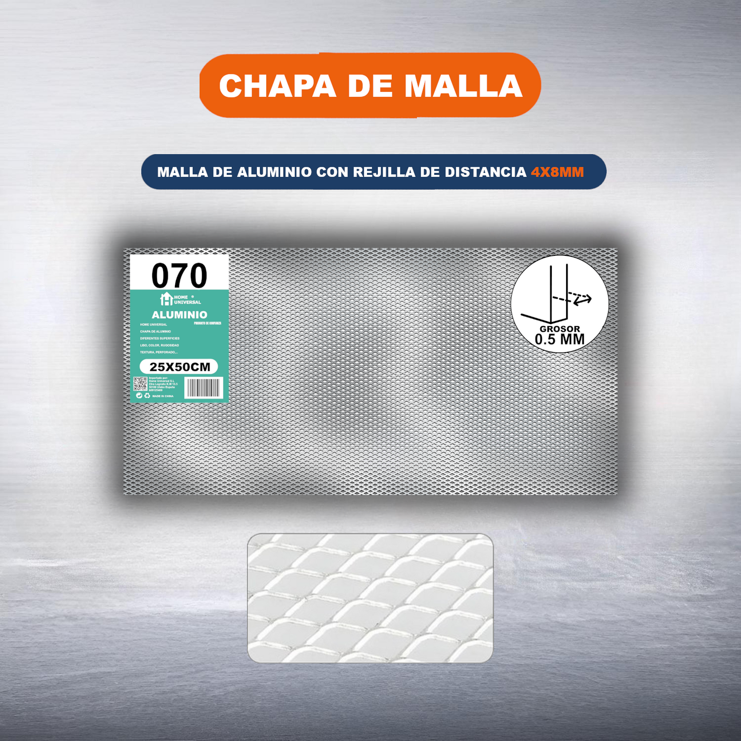 ome Universal® Chapa de Aluminio Estriada, Lisa, Malla y Perforada (Cuadrada, Ovalada, Redonda), Rugosa – Lámina Metálica Resistente Anticorrosión para Bricolaje e Industria Superficie (Malla) - Malla-4X8MM (25X50CM - 0.5MM)
