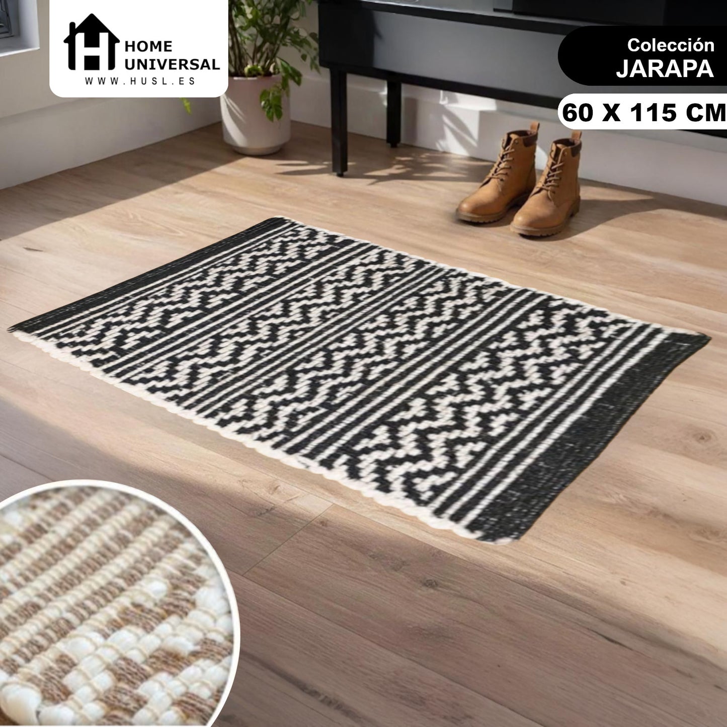Home Universal® Alfombra Jarapa de Algodón Lavable | Diseño Geométrico Artesanal | Decoración Boho Mediterránea para Salón, Dormitorio, Pasillo y Cocina | Suave, Ligera y Resistente | Negro (Rayas y Zigzag)