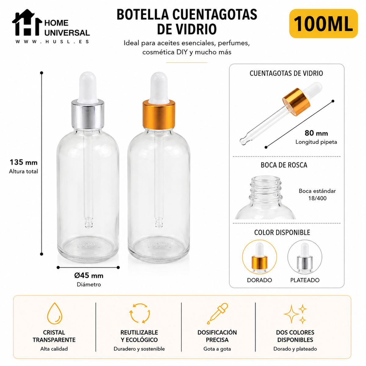 Home Universal® Frascos de Vidrio con Cuentagotas, Pipeta Redonda y Pipeta Larga, Botellas Vacías para Aceites Esenciales, Sérum, Cosmética, Perfumería, DIY (Pipeta Larga, 100ml, 12 Unidades)