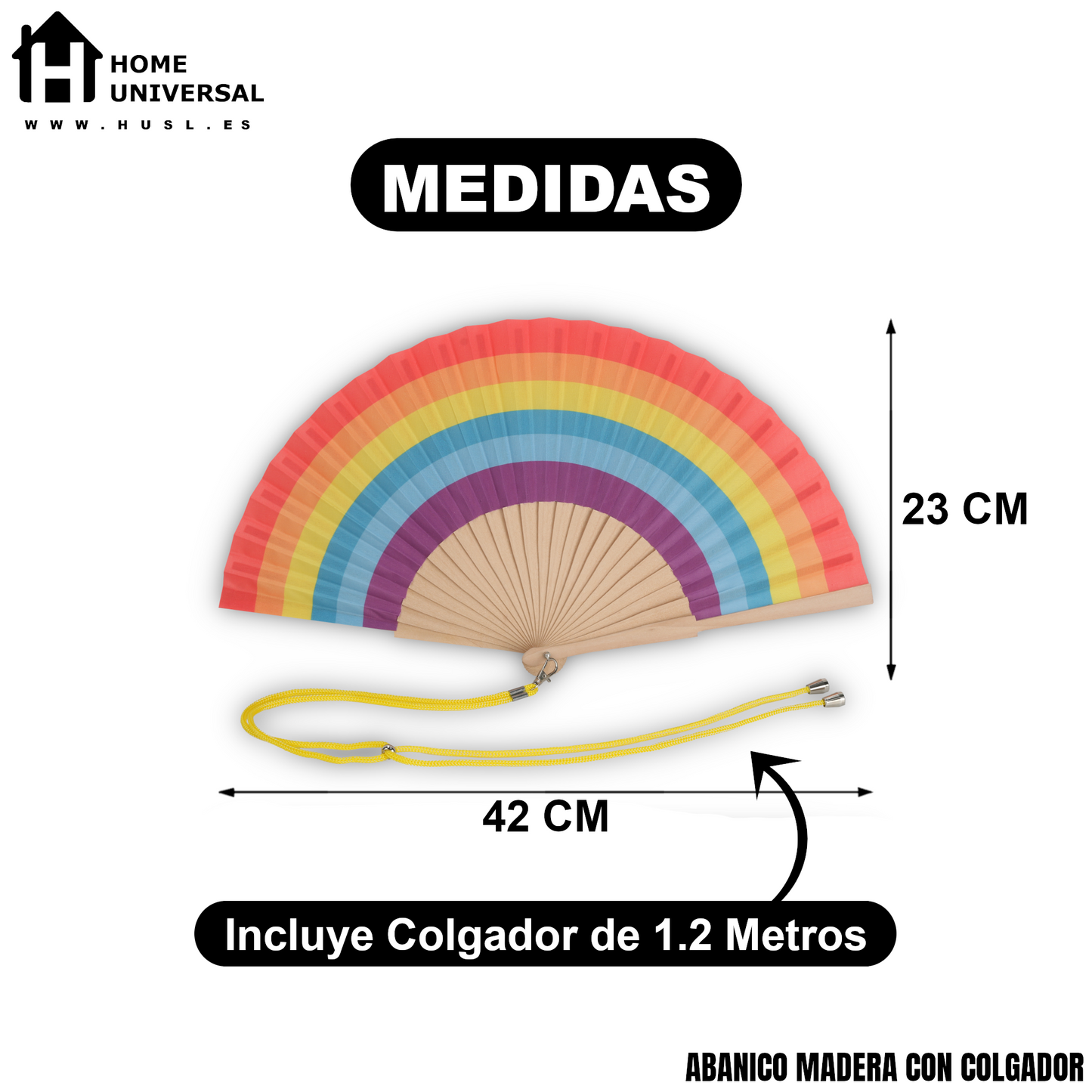 Home Universal® Abanico 23 cm con Cuerda para Cuello – Abanico Plegable de Madera Ligero y Portátil – Accesorio de Verano para Playa, Festivales, Bodas y Eventos – Diseño Divertido, Ideal para Viajes y Calor (Arcoíris Armónico)