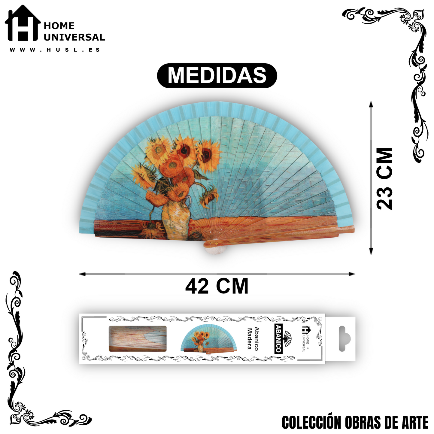 Home Universal®  Abanico 23CM DE Madera Lisa con Tela de Marfil, Abanico de Madera Adornado, Abanico Original - Los Girasoles de Vincent Van Gogh