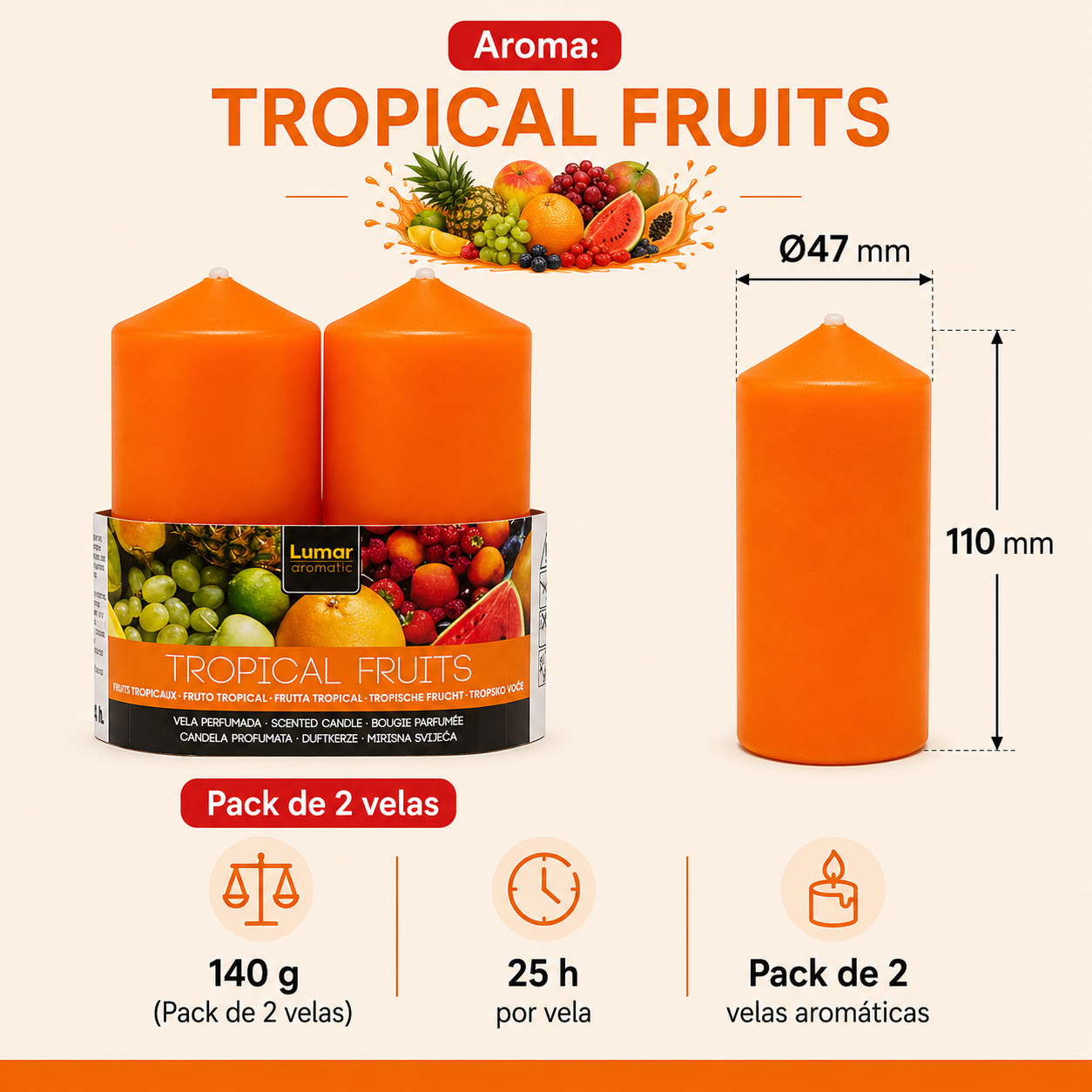 Home Universal® 6 Velas Aromáticas Perfumadas, 9 Aromas Disponibles, 2 Tamaños Disponibles, Velas Decorativas para Hogar, Relax, Spa y Aromaterapia (TROPICAL FRUITS Ø47 × 110 mm)