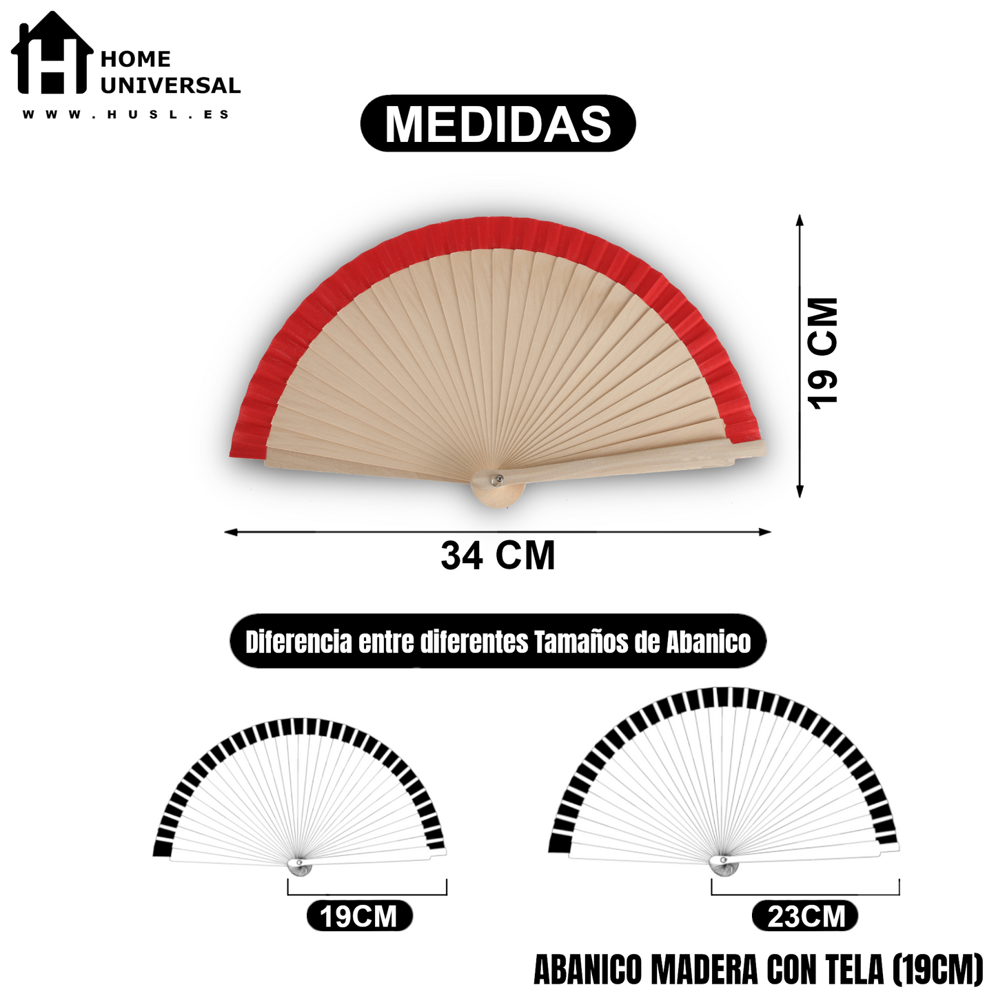 Home Universal®  Abanicos de Madera con Argolla para Cuello, Plegables con Tela en Varios Colores - Ligeros, Portátiles y Resistentes para Eventos, Bodas y Verano - Rojo 19 CM (12 Unidades)