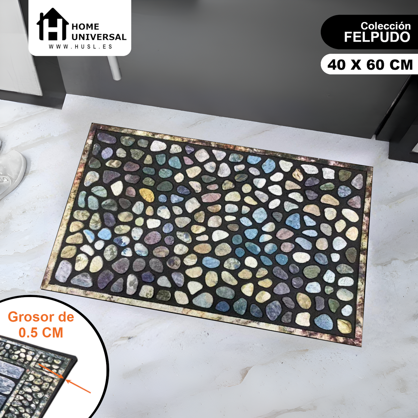 Home Universal® Felpudo de Goma Antideslizante para Exterior y interior – Resistente a Lluvia y Barro, Limpia Zapatos, Alta Durabilidad – Varias Medidas, 40X60CM, Multicolor (Diseño Piedra Río)