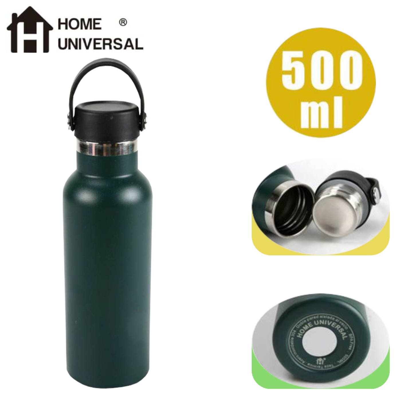 Home Universal® Botella Térmica 500ml de Acero Inoxidable | 12h y Frías 24h | Doble Pared | Mantiene Frío y Caliente por Horas | Antiderrames, Ligera e Ideal para Deporte, Oficina y Viajes (Verde Oscuro)