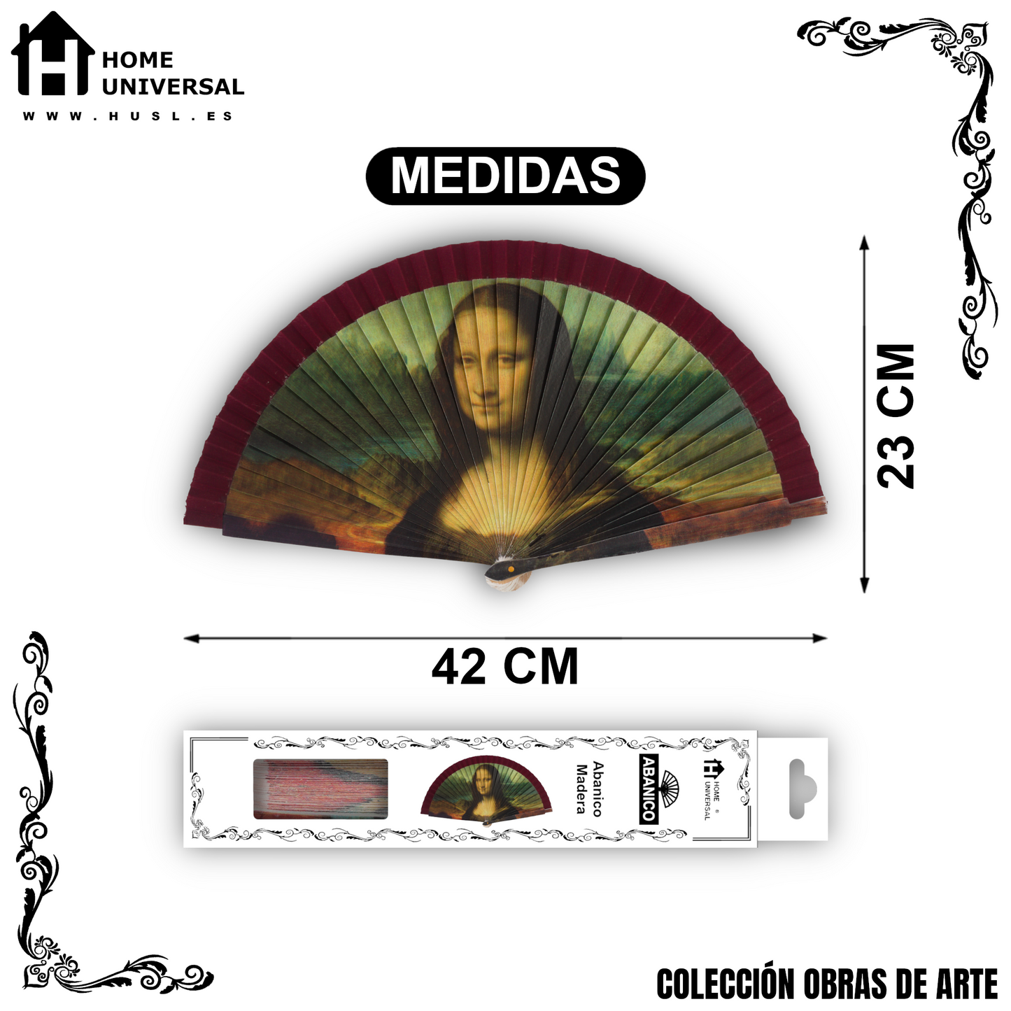 Home Universal®  Abanico 23CM DE Madera Lisa con Tela de Marfil, Abanico de Madera Adornado, Abanico Original - Mona Lisa (La Gioconda) de Leonardo da Vinci