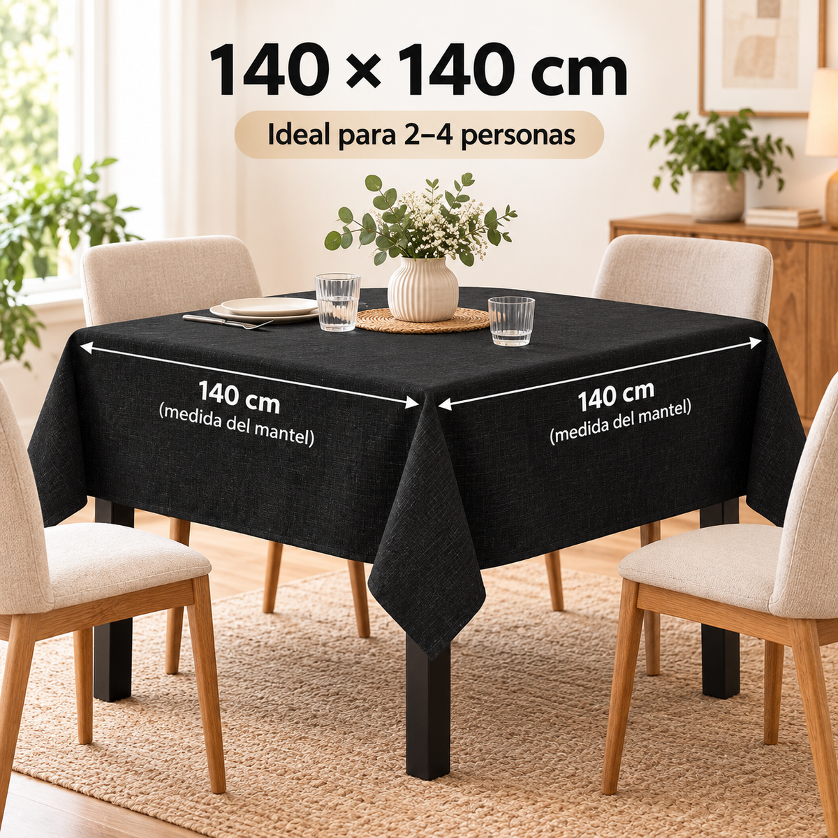 Home Universal® Mantel de Mesa Impermeable y Antimanchas, Tejido de Loneta con Efecto Lino , Liso o Estampado, para Cocina y Comedor (Negro Liso)
