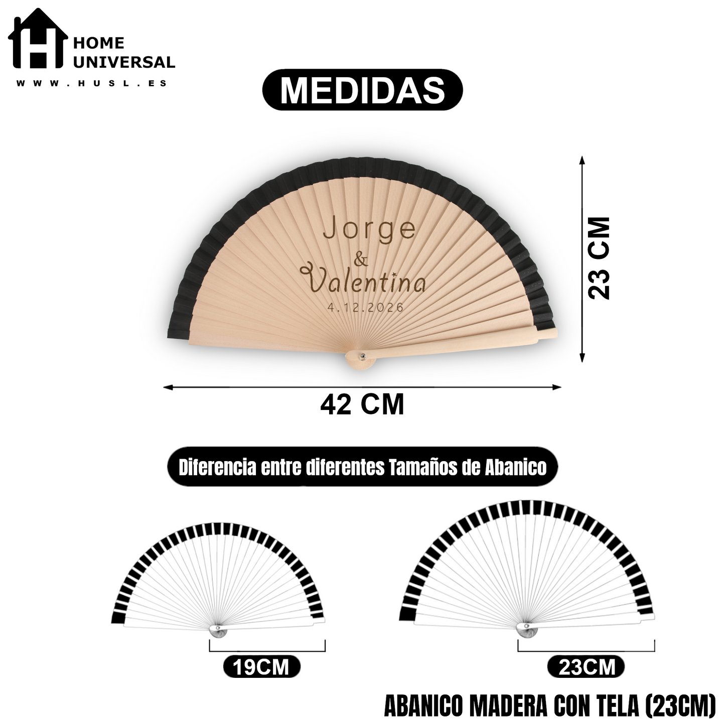 Home Universal® Abanico Personalizado de Madera, 1 Unidad – Detalle Elegante para Boda, Bautizo o Comunión, con Nombre y Fecha, Recuerdo Original para Invitados, 19 y 23 cm(Negro)