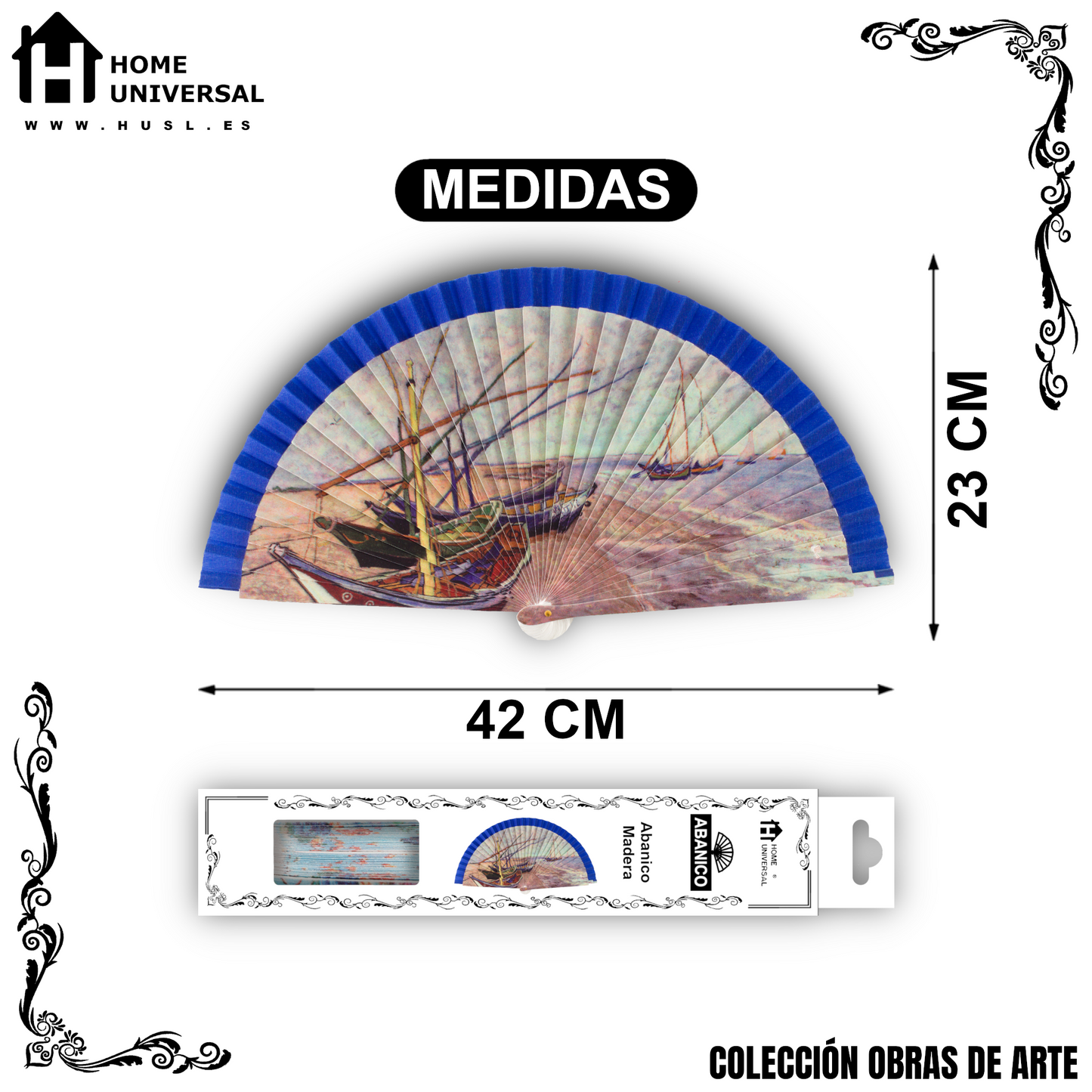 Home Universal®  Abanico 23CM DE Madera Lisa con Tela de Marfil, Abanico de Madera Adornado, Abanico Original - Barcos pesqueros de Vincent van Gogh