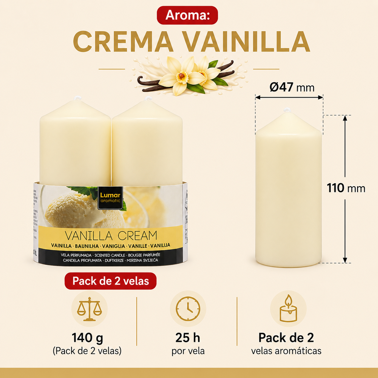 Home Universal® 6 Velas Aromáticas Perfumadas, 9 Aromas Disponibles, 2 Tamaños Disponibles, Velas Decorativas para Hogar, Relax, Spa y Aromaterapia (CREMA VAINILLA Ø47 × 110 mm)