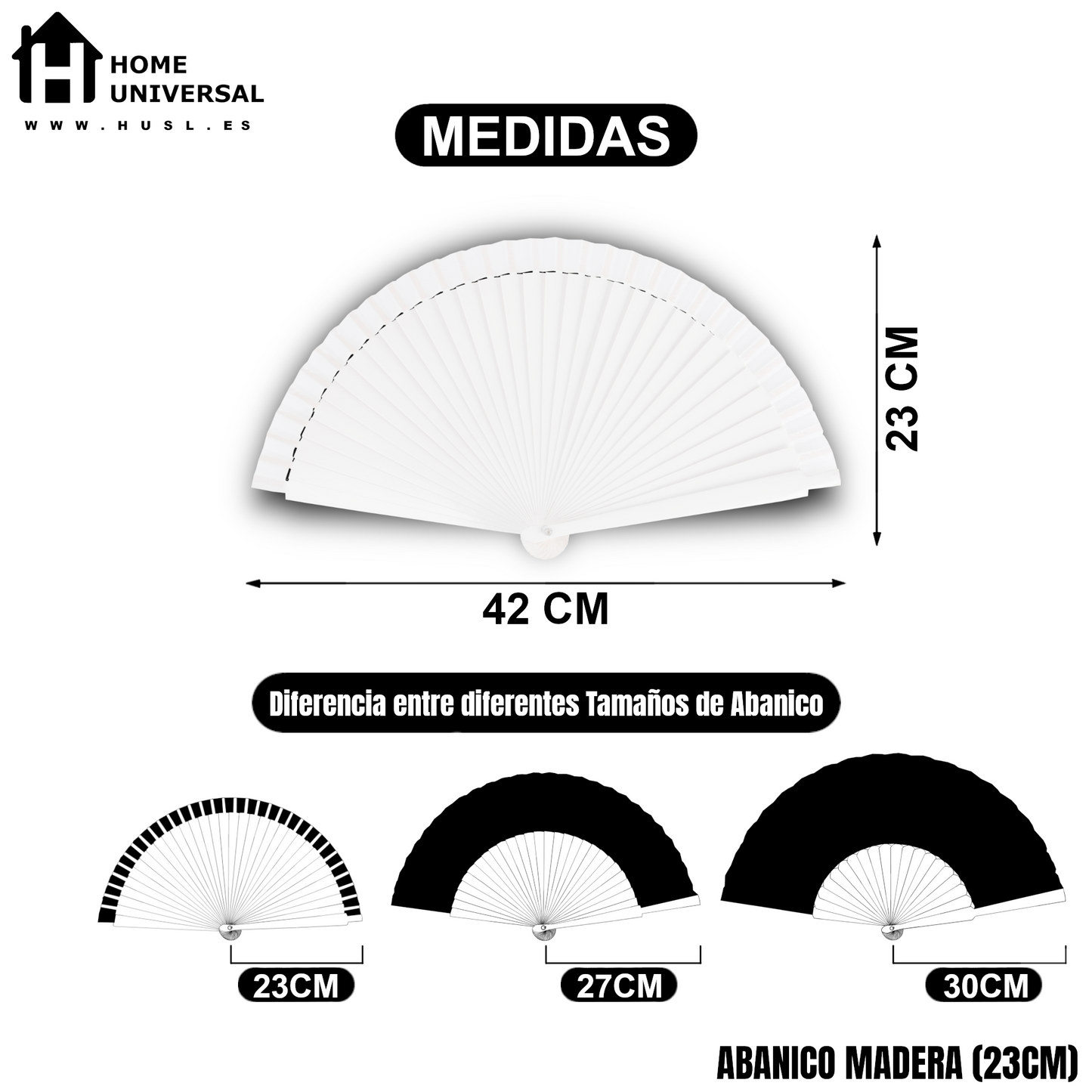 Home Universal® Abanico de madera con argollas para colgar, plegable, ligero y resistente, ideal para bodas, eventos y verano, diseño clásico y portátil perfecto para regalo y uso diario - Blanco (23CM)
