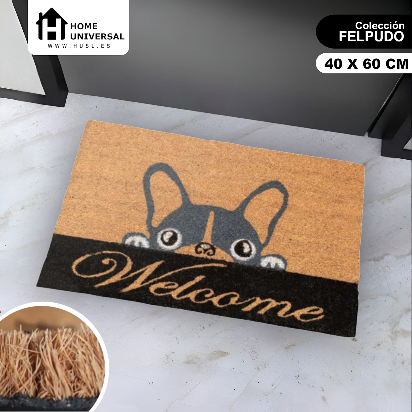 Home Universal ® Felpudos 60x40CM Fibra de Coco | Base Antideslizante de Caucho | Apto para el Exterior (Perrito)