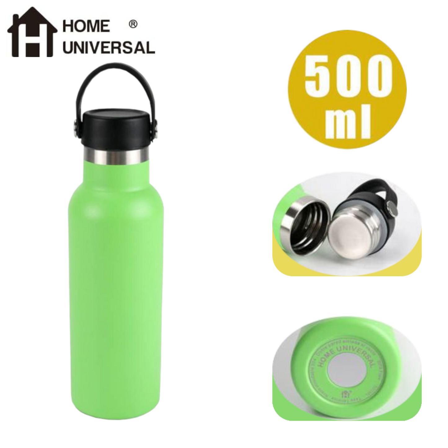 Home Universal® Botella Térmica 500ml de Acero Inoxidable | 12h y Frías 24h | Doble Pared | Mantiene Frío y Caliente por Horas | Antiderrames, Ligera e Ideal para Deporte, Oficina y Viajes (Verde)