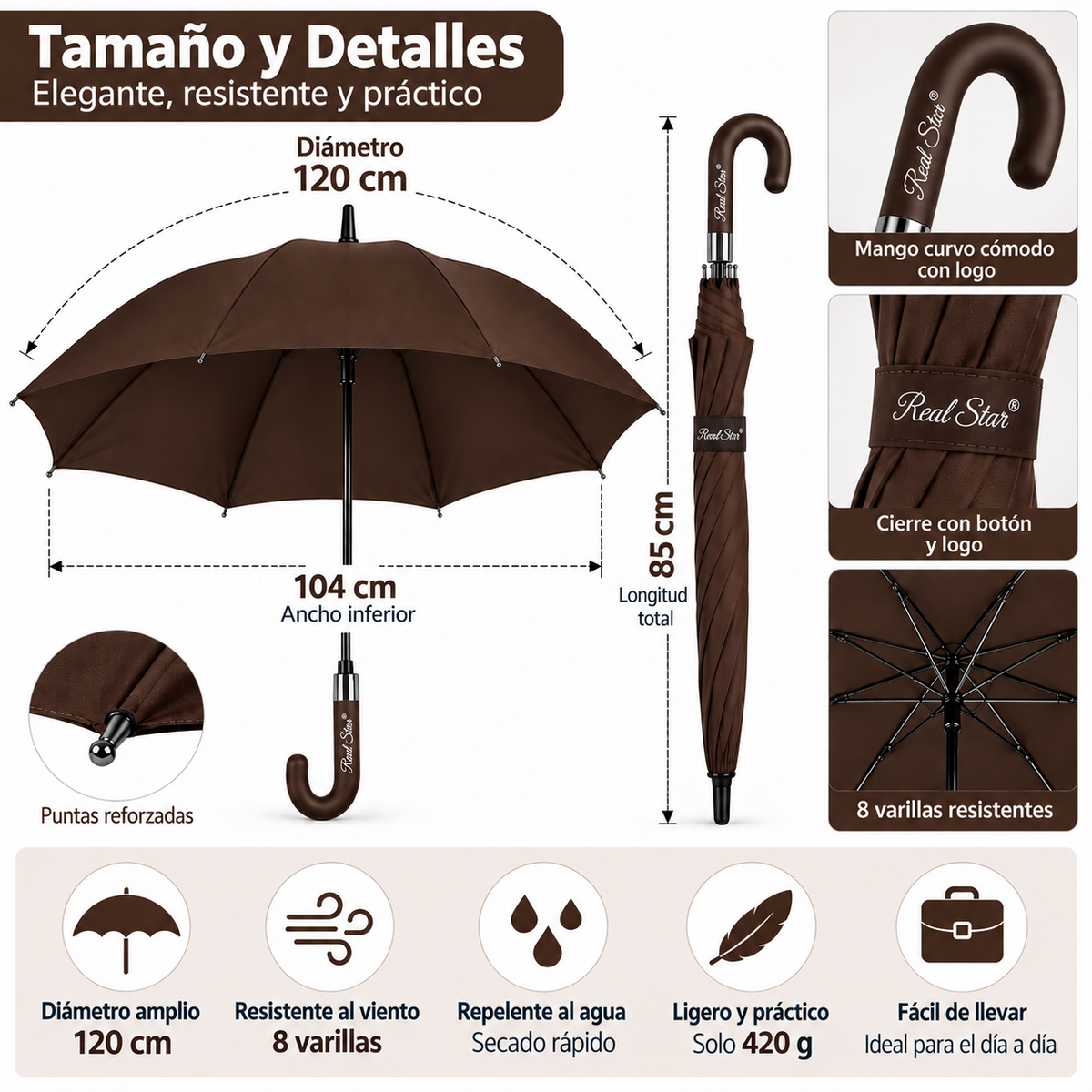 Home Universal® Paraguas Grande Semiautomático, Paraguas Largo Resistente al Viento con Mango Curvo para Mujer y Hombre (Marrón (Liso))