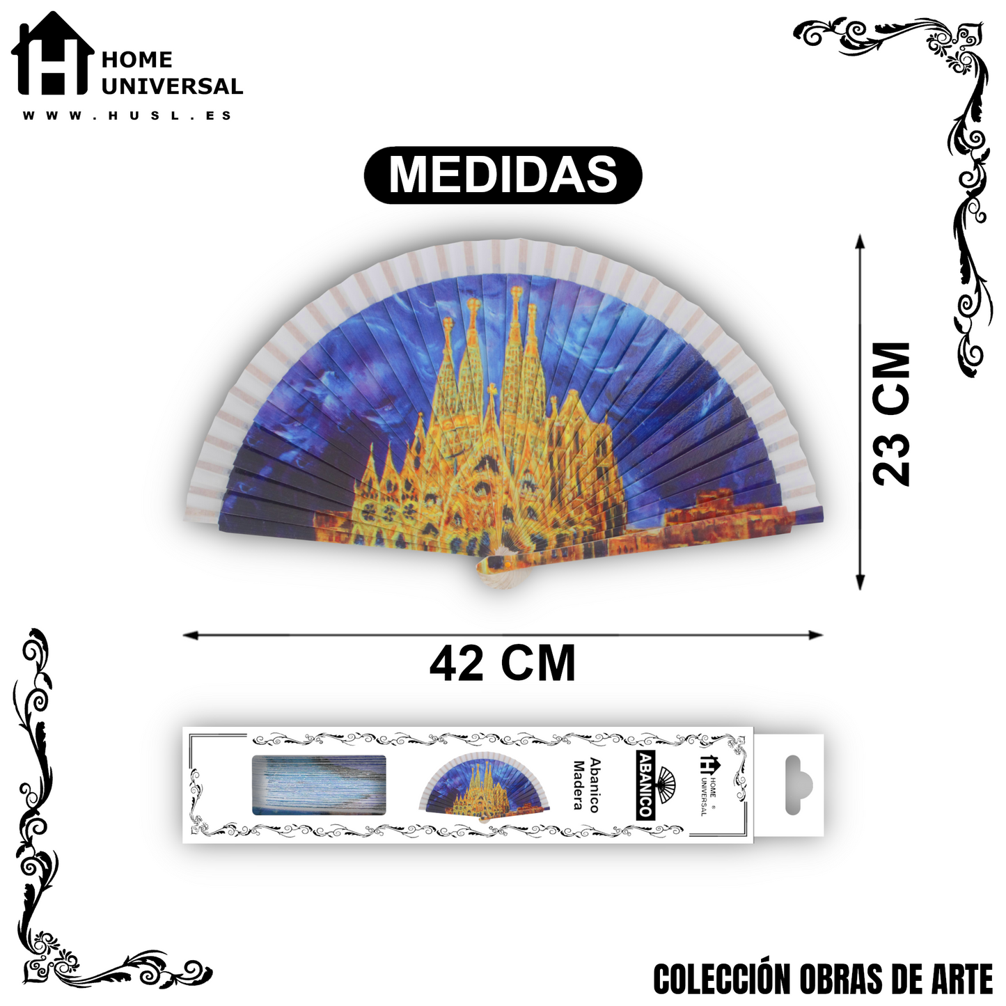 Home Universal®  Abanico 23CM DE Madera Lisa con Tela de Marfil, Abanico de Madera Adornado, Abanico Original - Sagrada Familia (Barcelona)