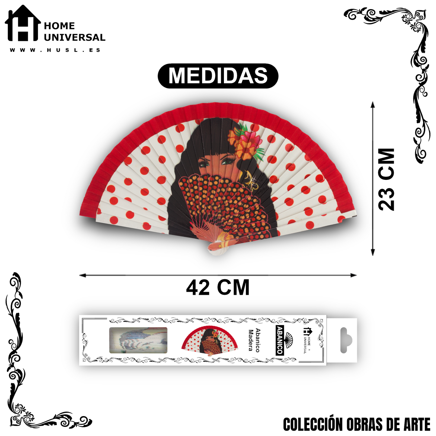 Home Universal®  Abanico 23CM DE Madera Lisa con Tela de Marfil, Abanico de Madera Adornado, Abanico Original - Chica Flamenca (Dibujo Artístico)