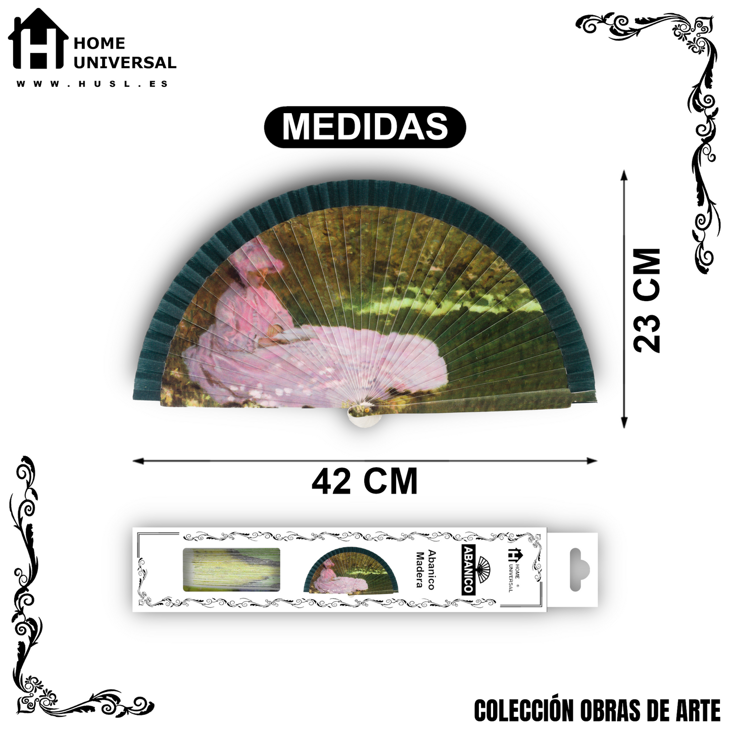 Home Universal®  Abanico 23CM DE Madera Lisa con Tela de Marfil, Abanico de Madera Adornado, Abanico Original - Una Mujer Leyendo de Claude Monet