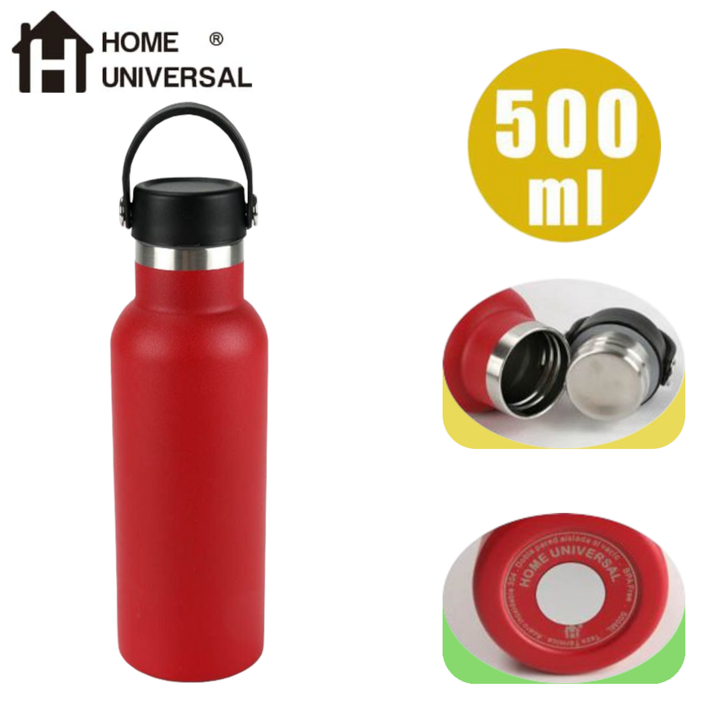 Home Universal® Botella Térmica 500ml de Acero Inoxidable | 12h y Frías 24h | Doble Pared | Mantiene Frío y Caliente por Horas | Antiderrames, Ligera e Ideal para Deporte, Oficina y Viajes (Rojo)