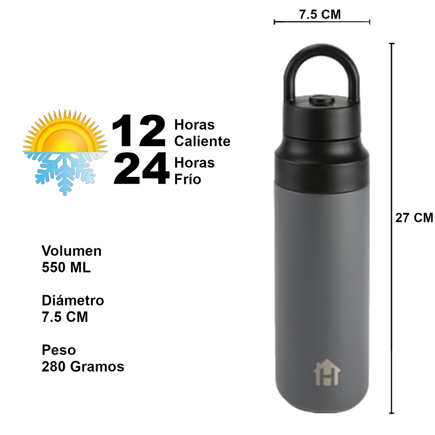 Home Universal® Botella Térmica 550ML de Apertura Rápida – Termo de Acero Inoxidable Antifugas para Café, Té y Bebidas Frías 24H/Calientes 12H (Gris Negro)