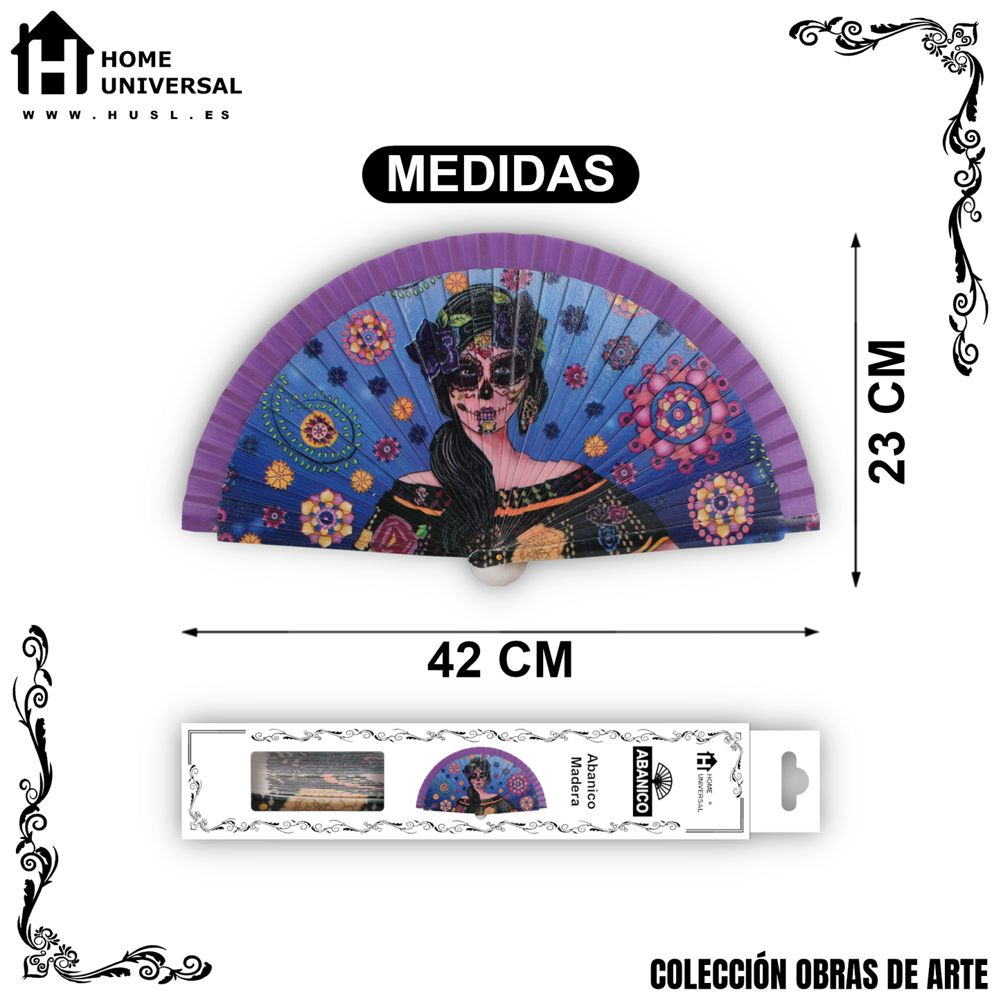 Home Universal®  Abanico 23CM DE Madera Lisa con Tela de Marfil, Abanico de Madera Adornado, Abanico Original - Frida Kahlo (Dibujo Artístico)