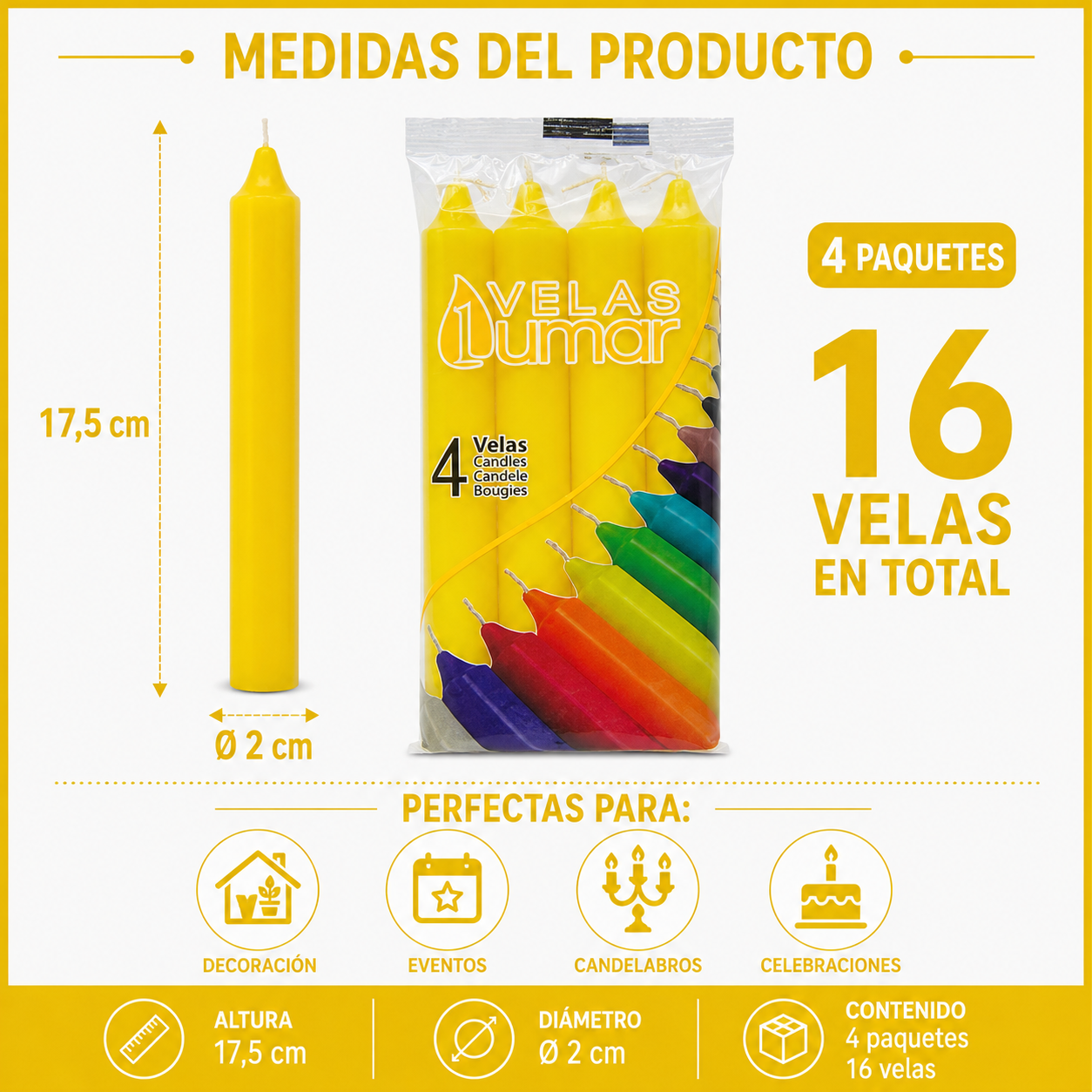 Home Universal® Pack de 16 Velas Cilíndricas Amarillo Sol 175x20 mm, Velas para Candelabros, Decoración de Mesa, Bodas, Comuniones y Eventos