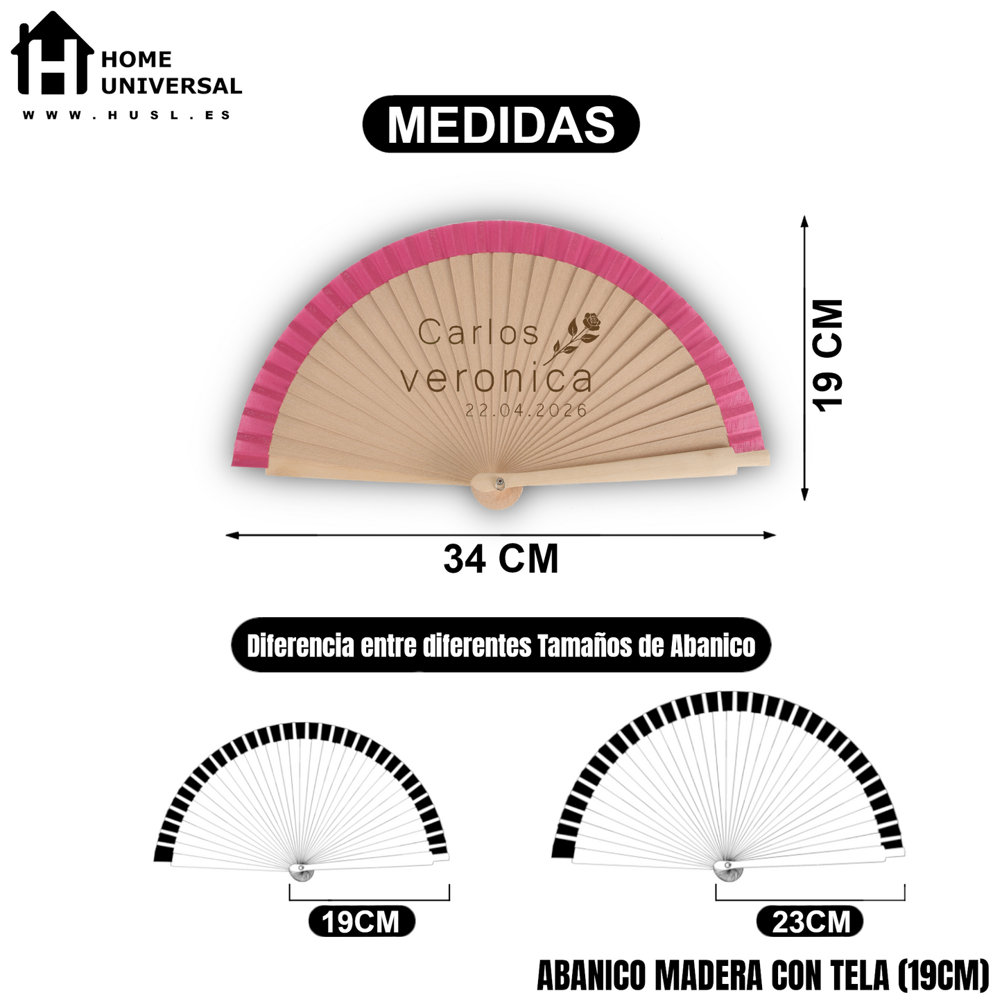 Home Universal® Abanico Personalizado de Madera, 1 Unidad – Detalle Elegante para Boda, Bautizo o Comunión, con Nombre y Fecha, Recuerdo Original para Invitados, 19 y 23 cm(Rosa)