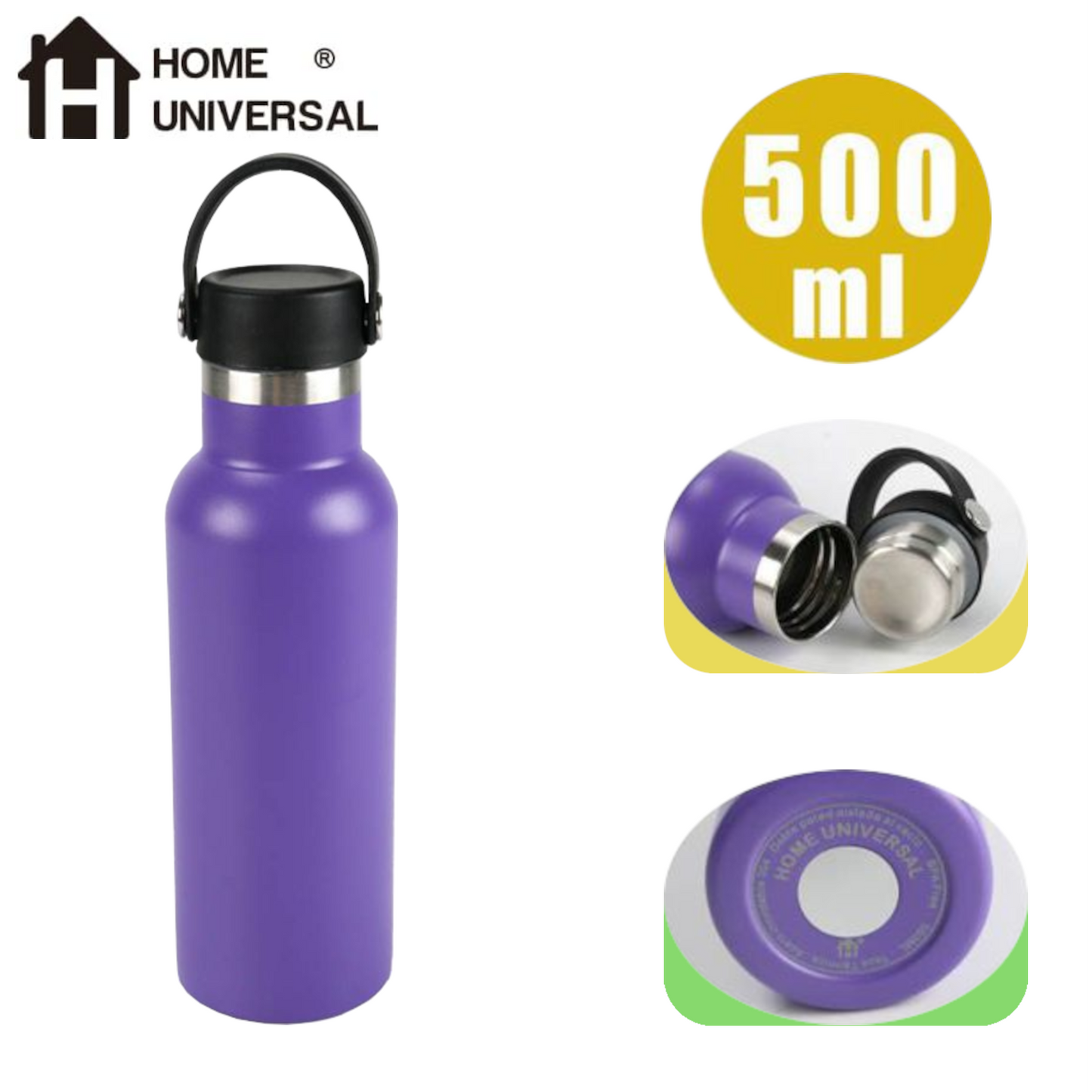 Home Universal® Botella Térmica 500ml de Acero Inoxidable | 12h y Frías 24h | Doble Pared | Mantiene Frío y Caliente por Horas | Antiderrames, Ligera e Ideal para Deporte, Oficina y Viajes (Morado)