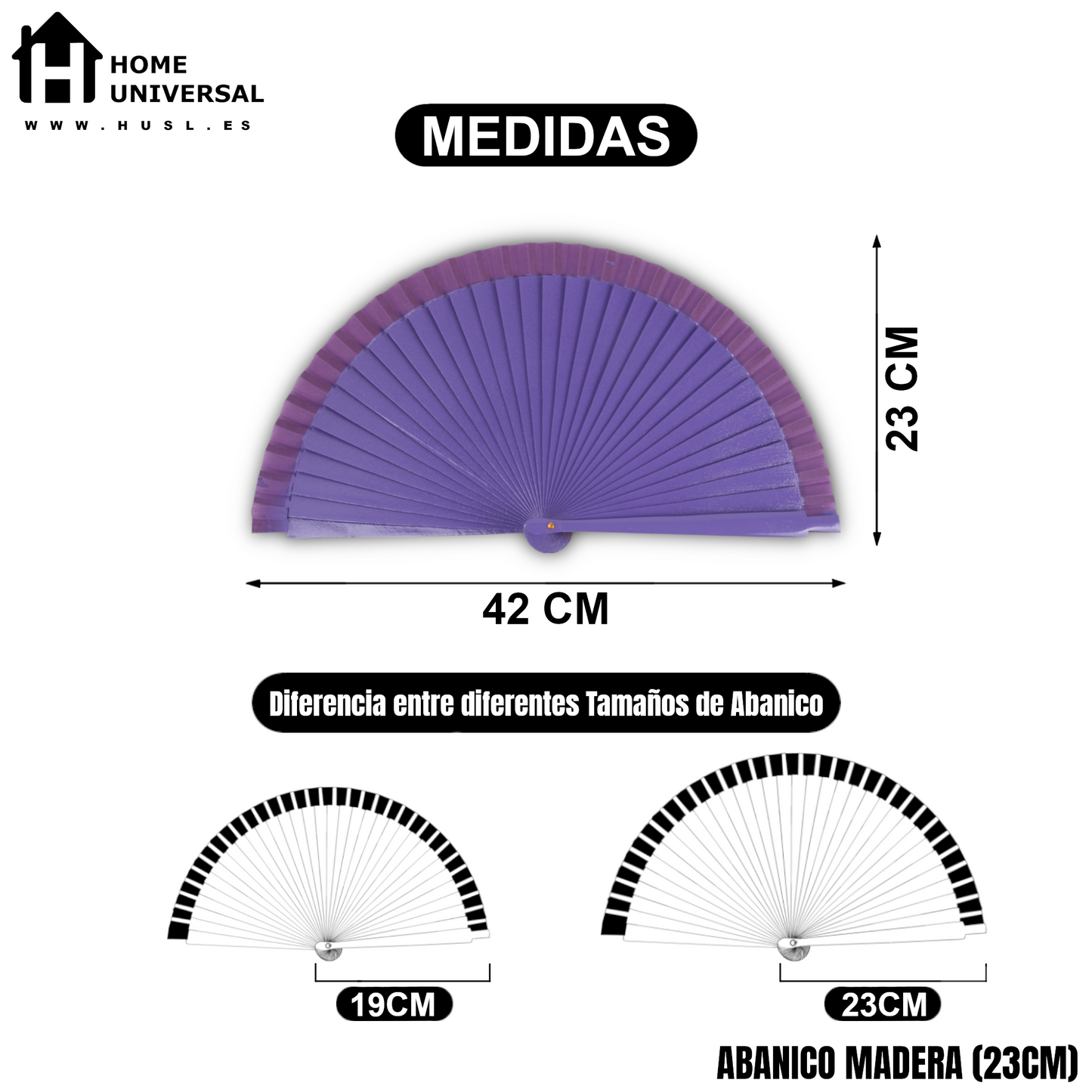 HOME UNIVERSAL Abanicos Madera con caja Liso 23CM, Detalles para los Invitados, Regalos de Boda, Fiesta, Comunión o Bautizo - (Morado 23 CM con Caja)