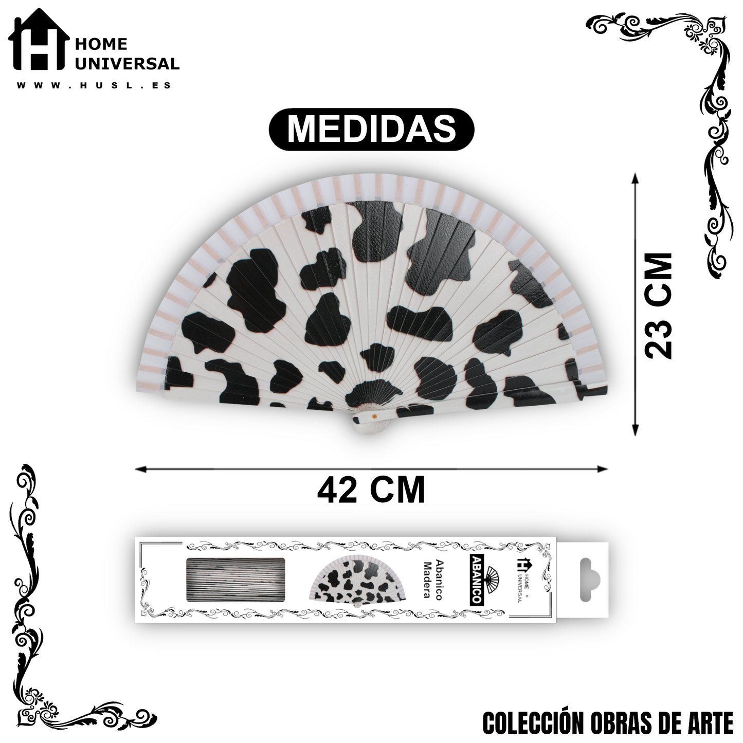 Home Universal®  Abanico 23CM DE Madera Lisa con Tela de Marfil, Abanico de Madera Adornado, Abanico Original - Estampado Vaca (Cow Print)